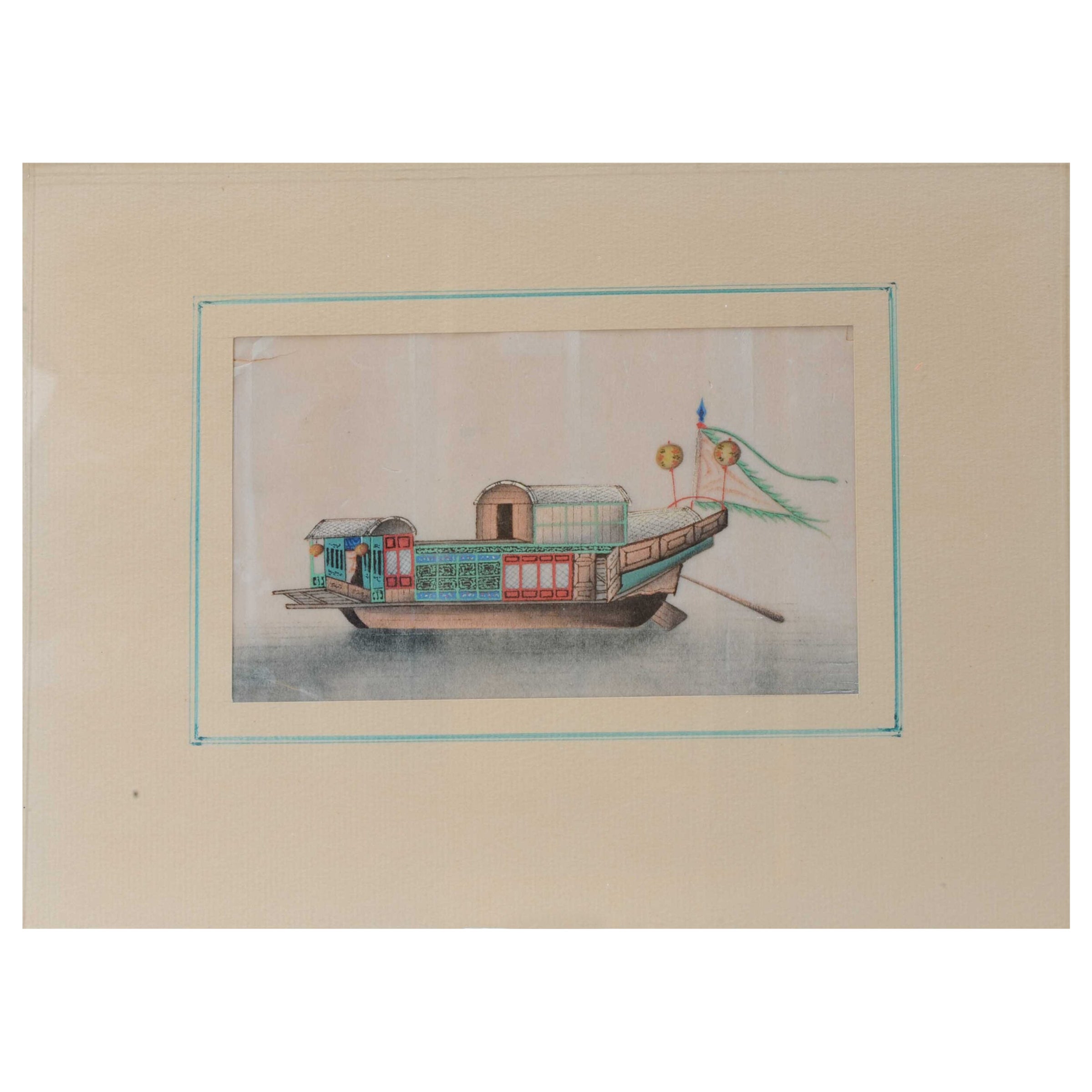 Antique Chinese Rice Pit painting of a Boat Top Quality Canton, 19th Century For Sale