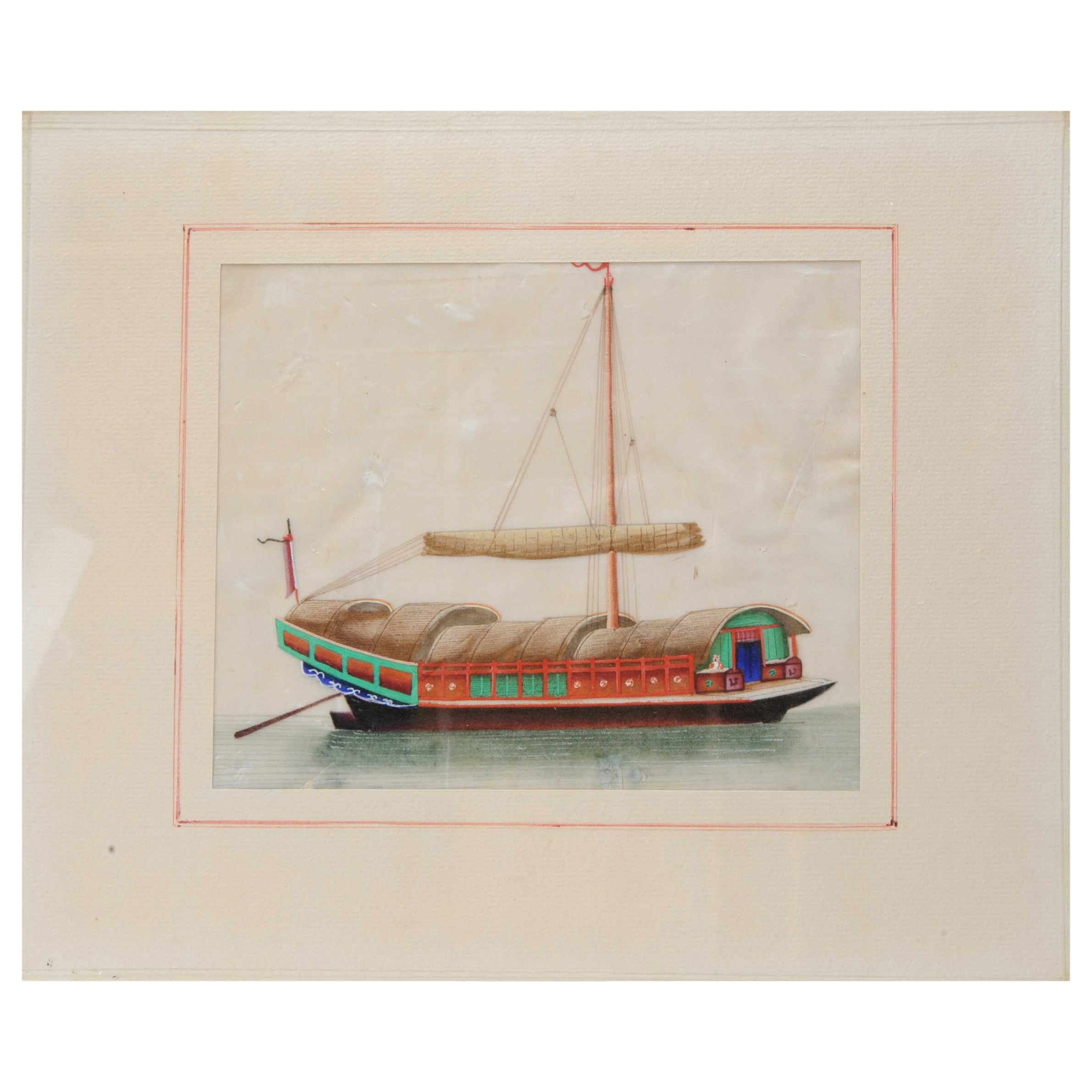 Antique Chinese Rice Pit painting of a Boat Top Quality Canton, 19th Century For Sale