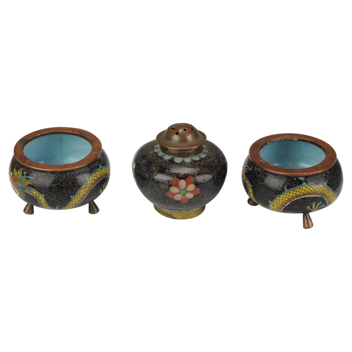 Top Antique Bronze Cloisonné Salt Cellar Tripods China, 19th or Early 20th Cen For Sale
