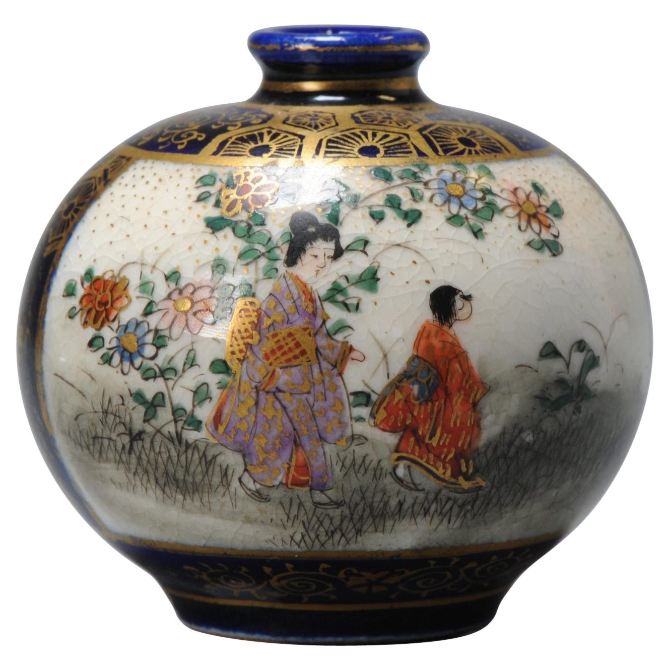 Miniature Antique Meiji Period Japanese Satsuma Vase Figural Decoration marked For Sale