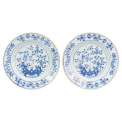 Lote de 2 Platos Antiguos Chinos Qianlong Porcelana Prunus Peonía Dinastía Qing