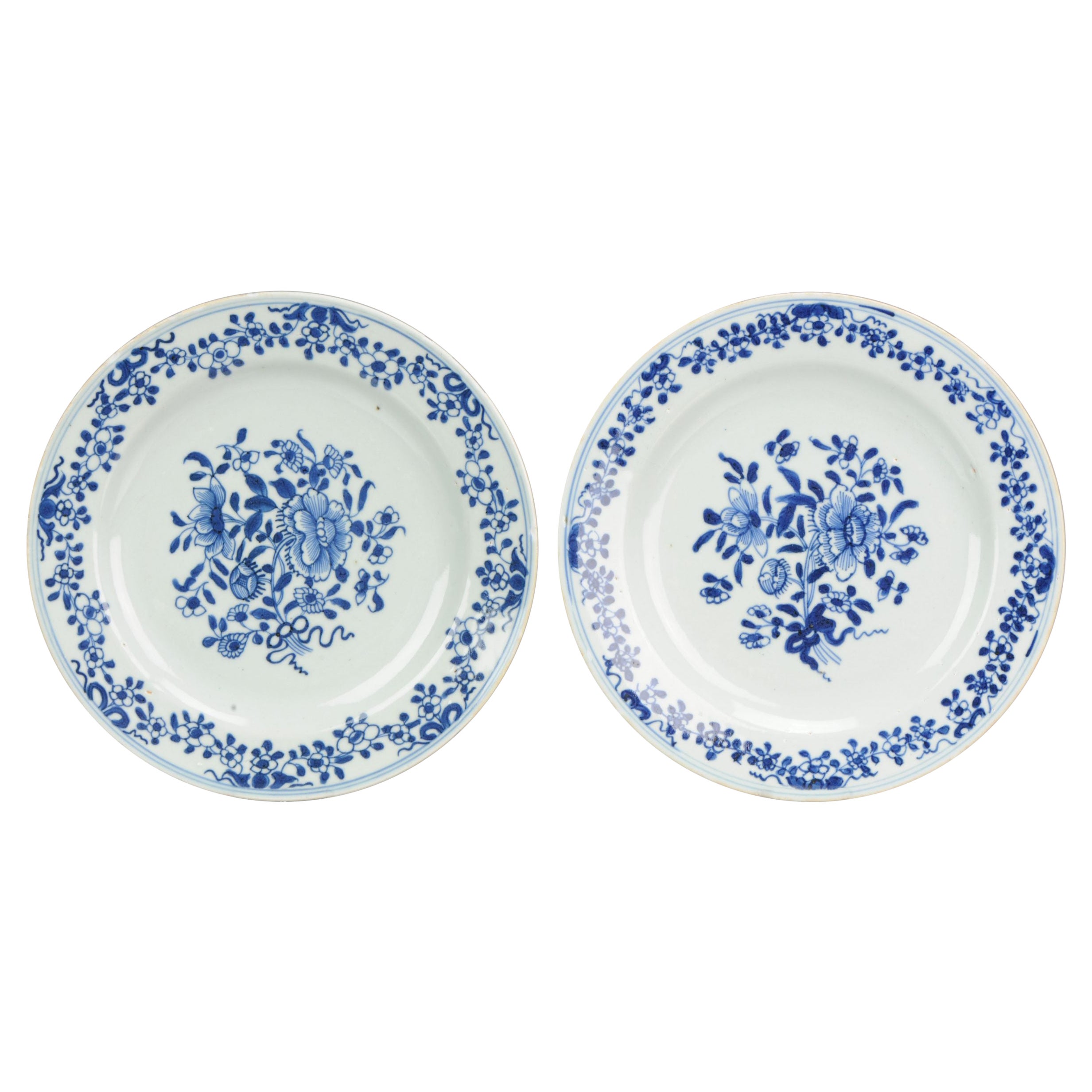Set of 2 Antique Chinese Qianlong Plate Peony Prunus Porcelain, 18th Cen