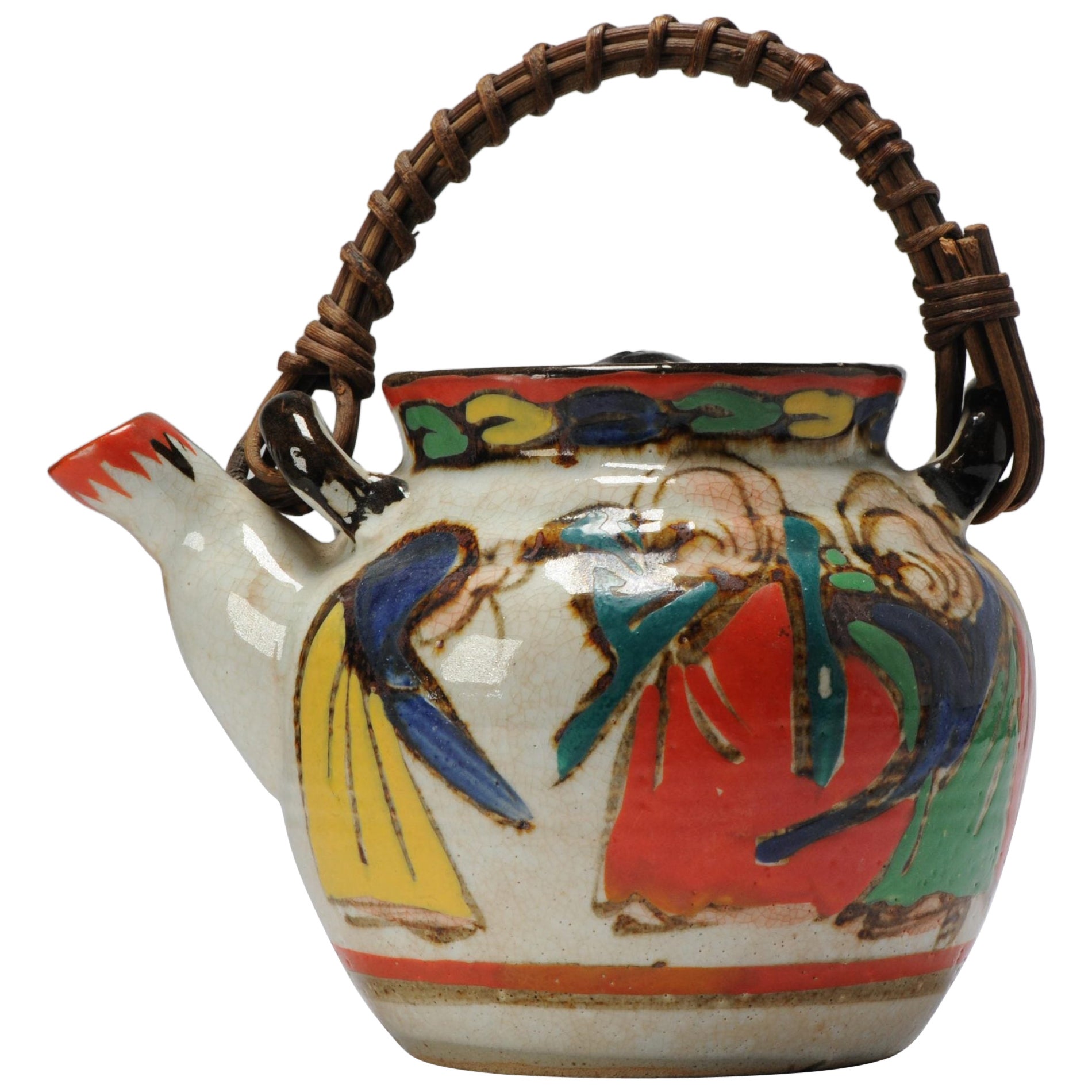 Antique/Vintage Colorfull Teapot with Figures and Handle, 20th Century For Sale