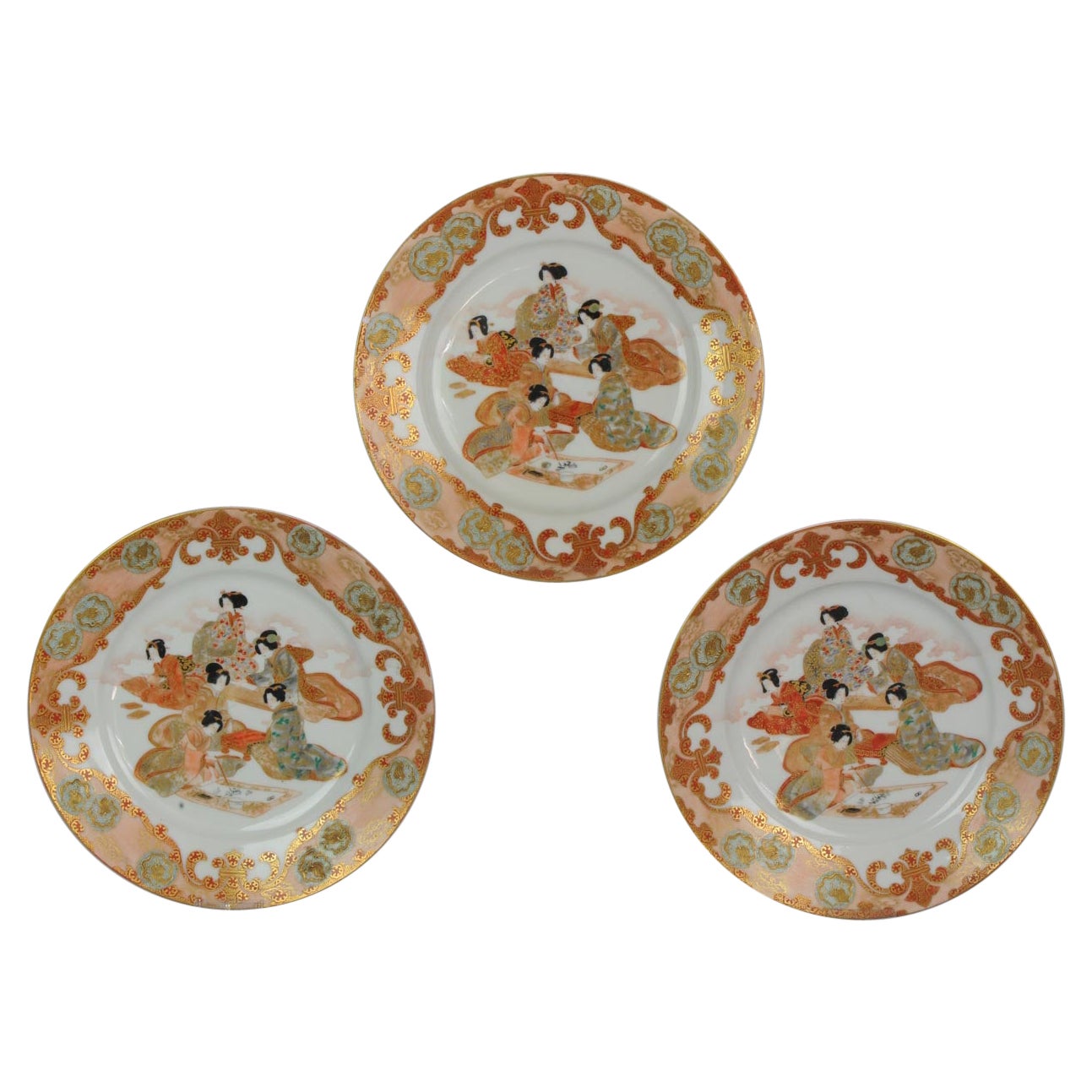 Set of 3 Antique Lovely Figural Japanese Porcelain Kutani Plates Marked Base For Sale