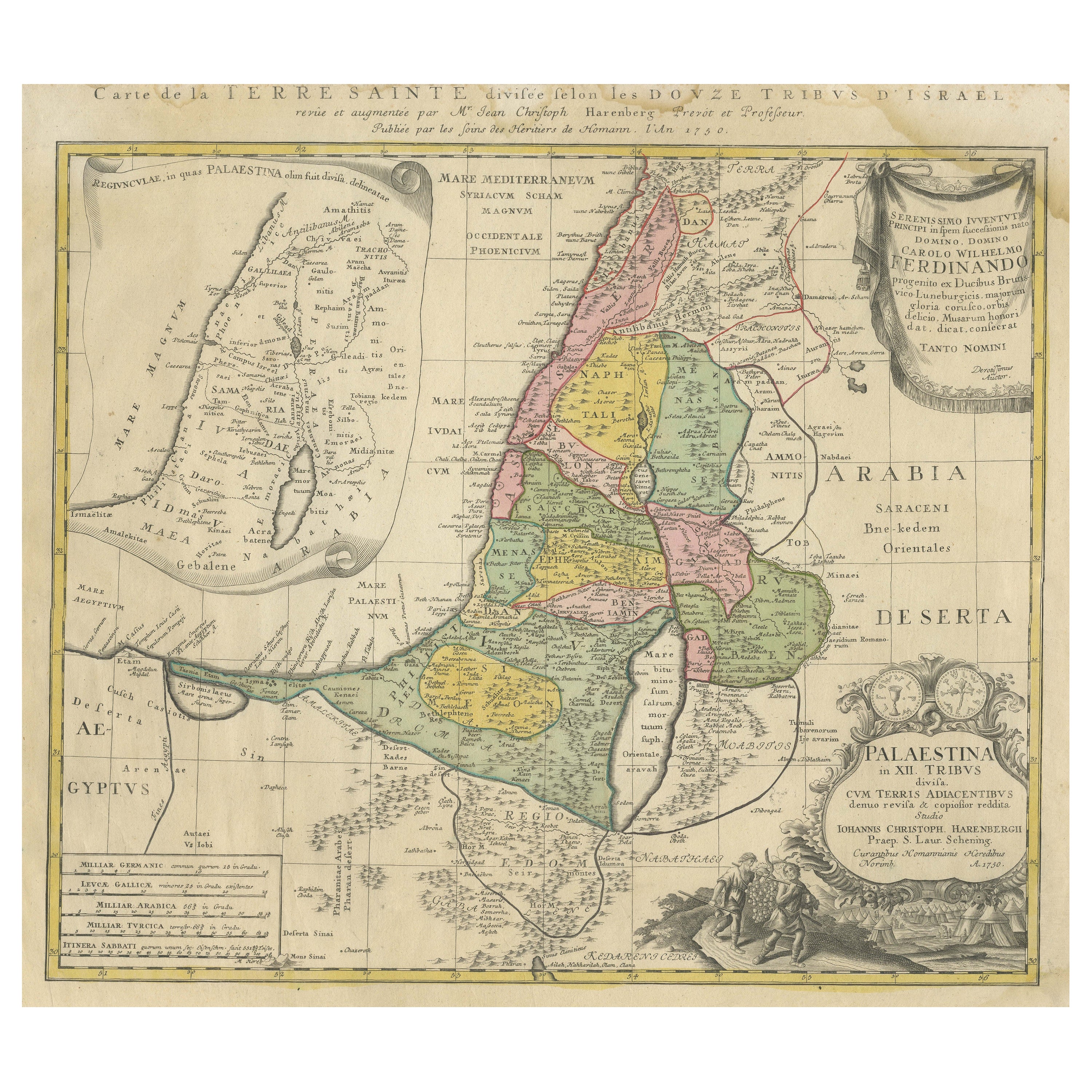 Religious Antique Map of the Twelve Tribes of Israel, circa 1750
