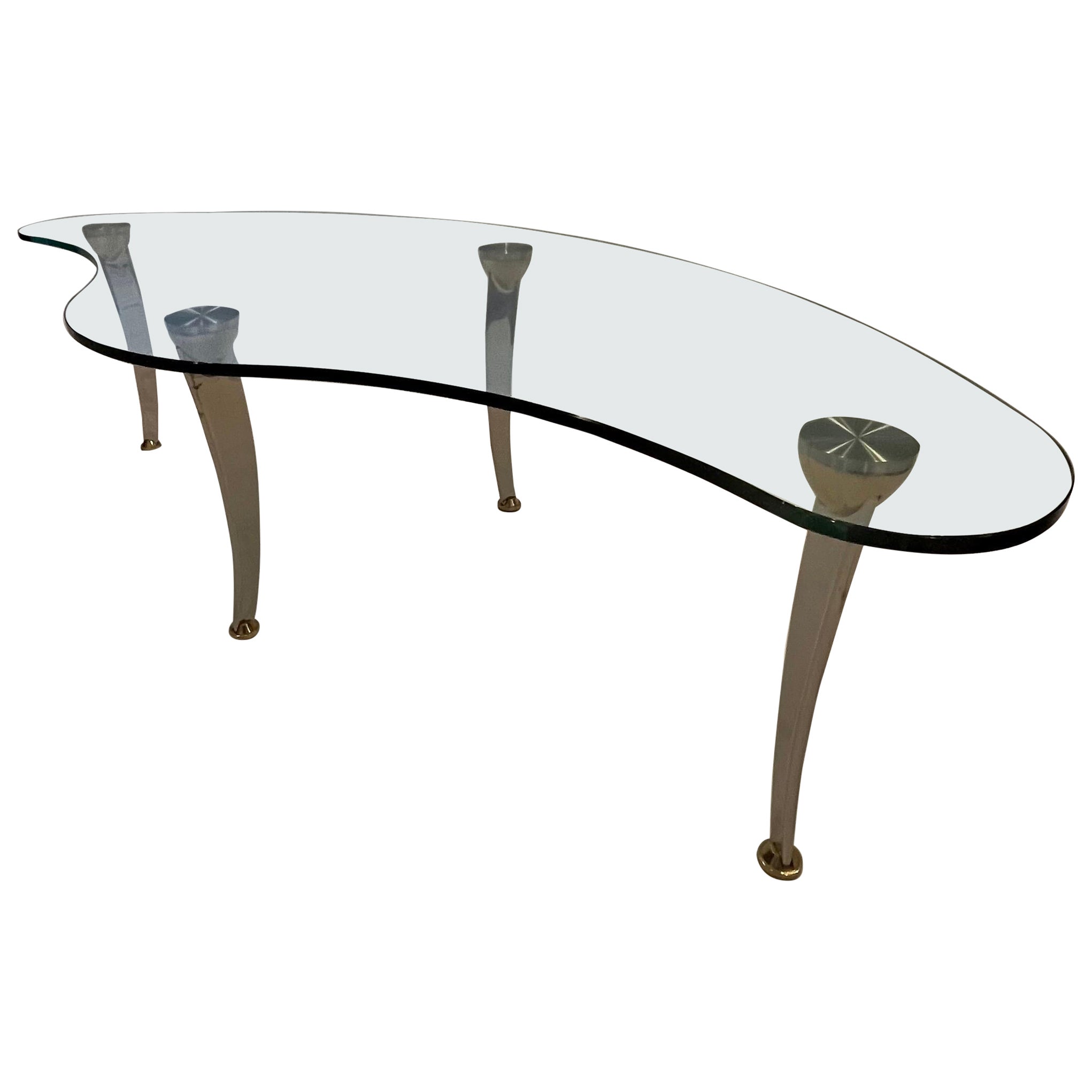 Modern Biomorphic Glass Coffee Table Chrome and Brass Sculptural Legs For Sale