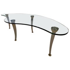 Modern Biomorphic Glass Coffee Table Chrome and Brass Sculptural Legs