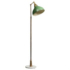 1950s Italian Midcentury Brass Floor Lamp with Green Patina , White Marble Base