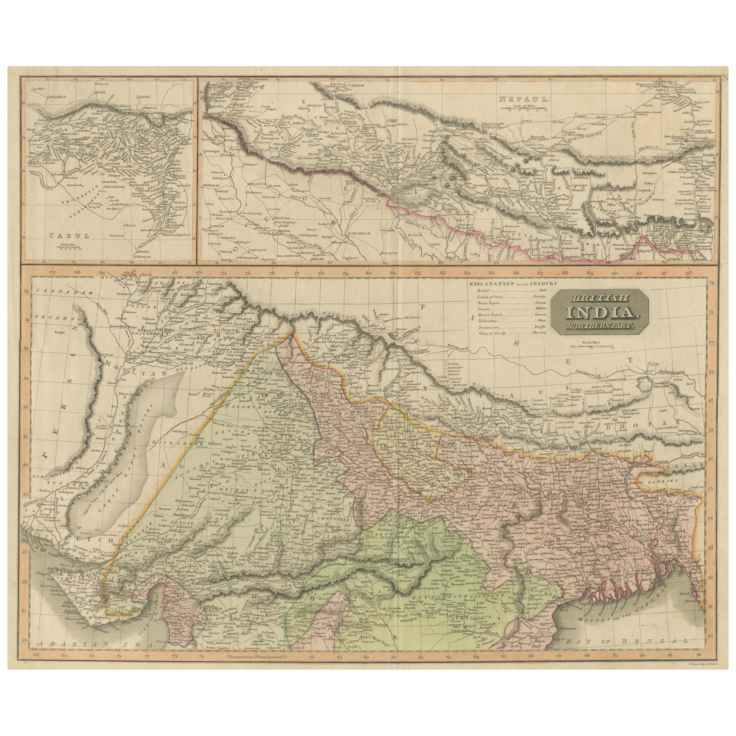 Carte ancienne de l'Inde britannique avec des incrustations de Kaboul et du Népal