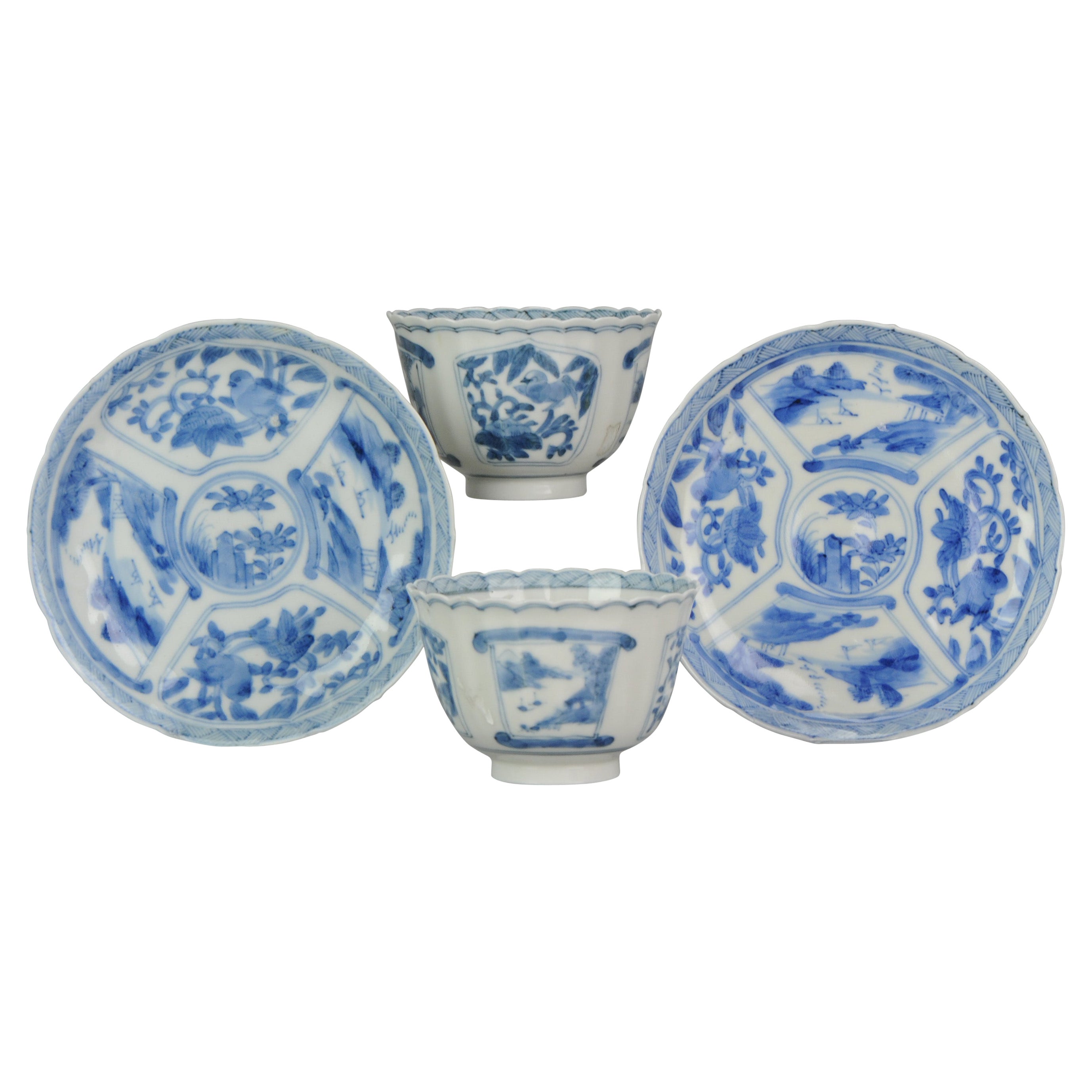 Pair Antique Meiji Porcelain Kangxi Revival Japanese Tea Bowls, 19th Century For Sale