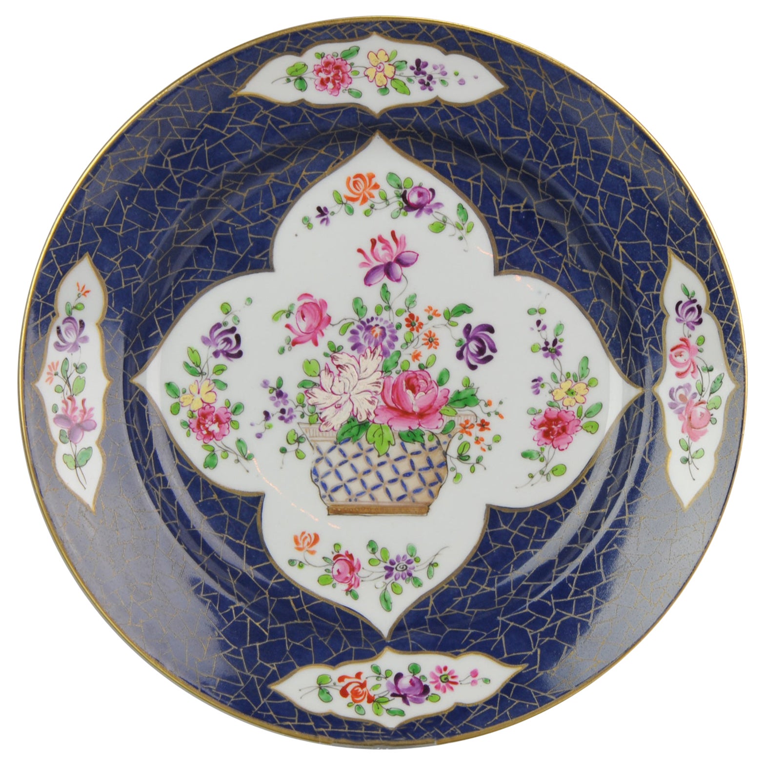 French Samson Famille Rose Porcelain Plate Powder Blue High Quality, 19/20th Cen For Sale
