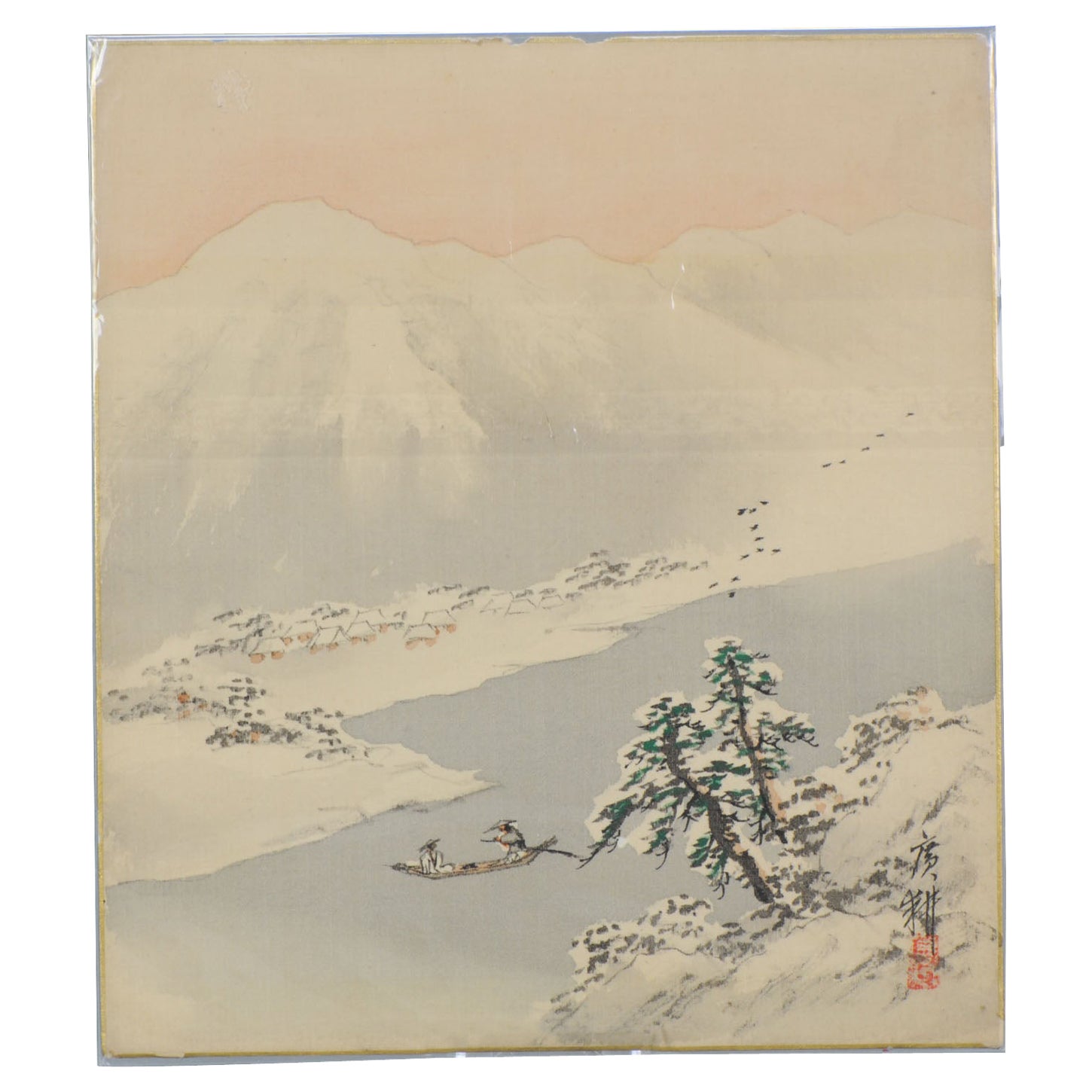 Antique Japanese Silk Painting Japan Meiji Period Winter Landscape