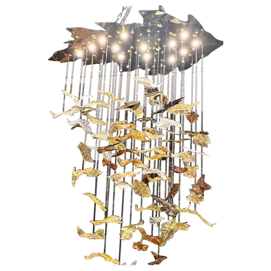 Modern Murano Glass and Brass Autumn Leaf Suspension Chandelier For Sale