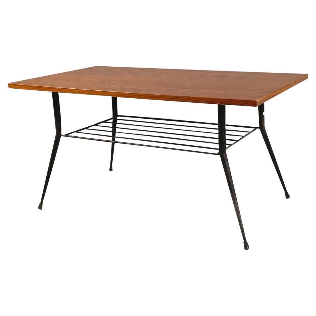Italian mid-century Coffee table with magazine rack in wood and metal, 1960s For Sale