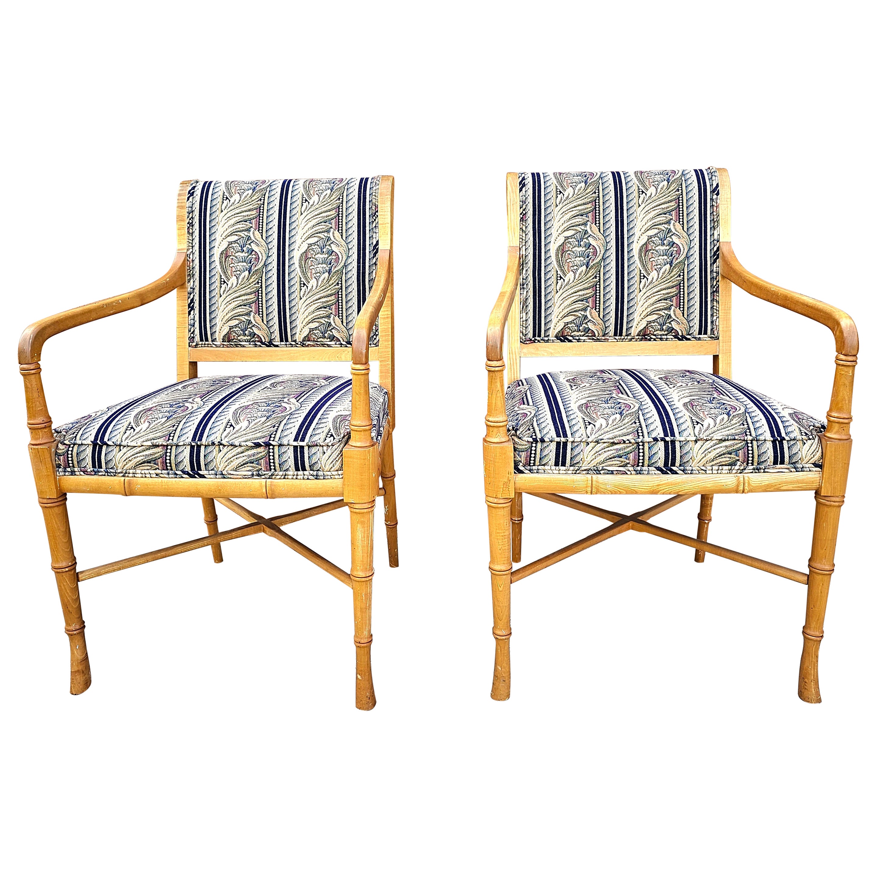 Maple Faux Bamboo Tapestry Upholstered Arm Chairs, a Pair