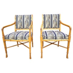 Vintage Maple Faux Bamboo Tapestry Upholstered Arm Chairs, a Pair