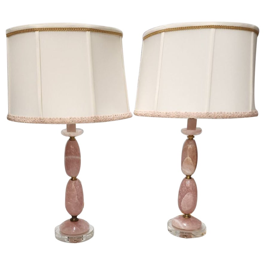 Pair Of Pink Brazilian Rock Crystal Table Lamps  For Sale