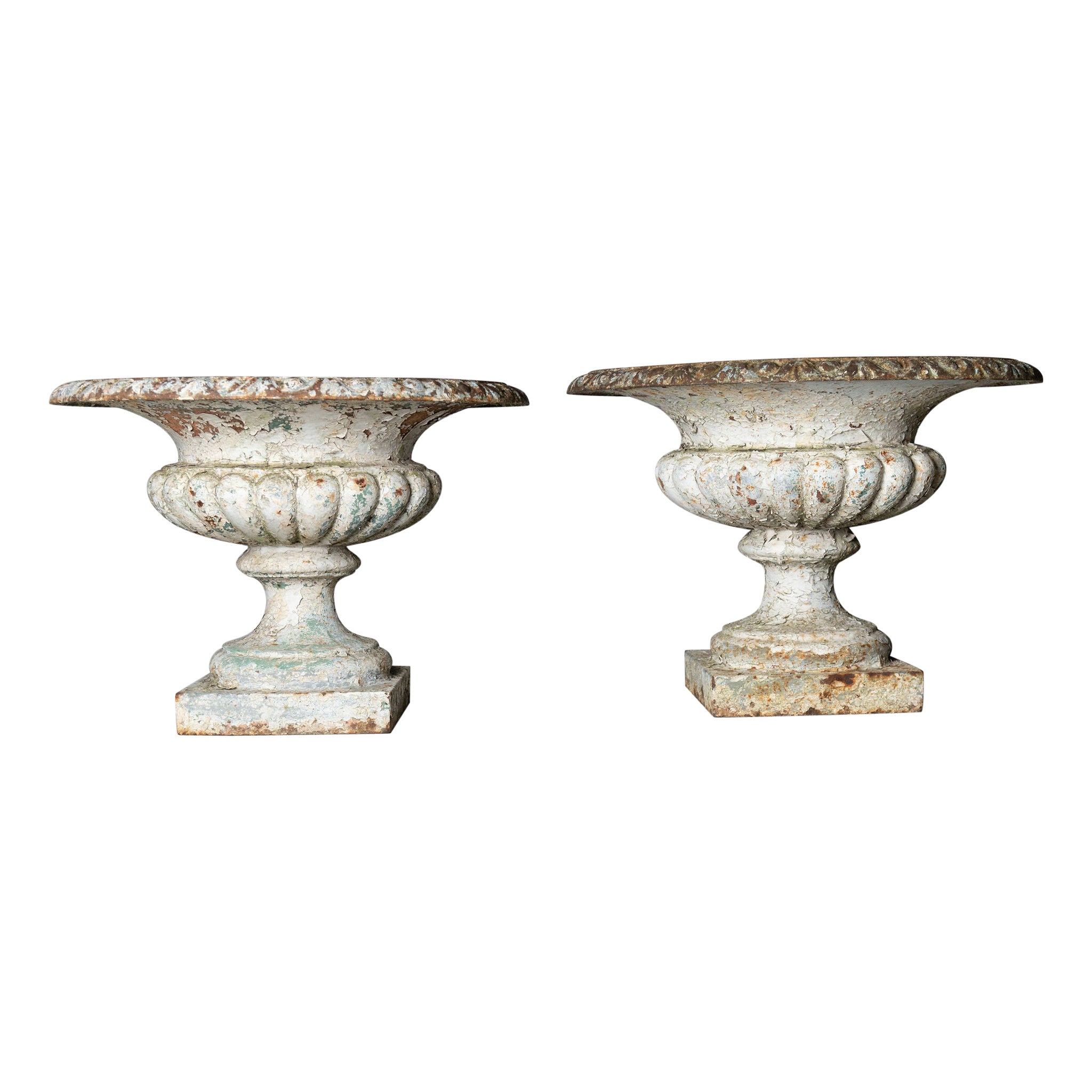 19th Century pair of French cast iron urns, planters, original patina  For Sale