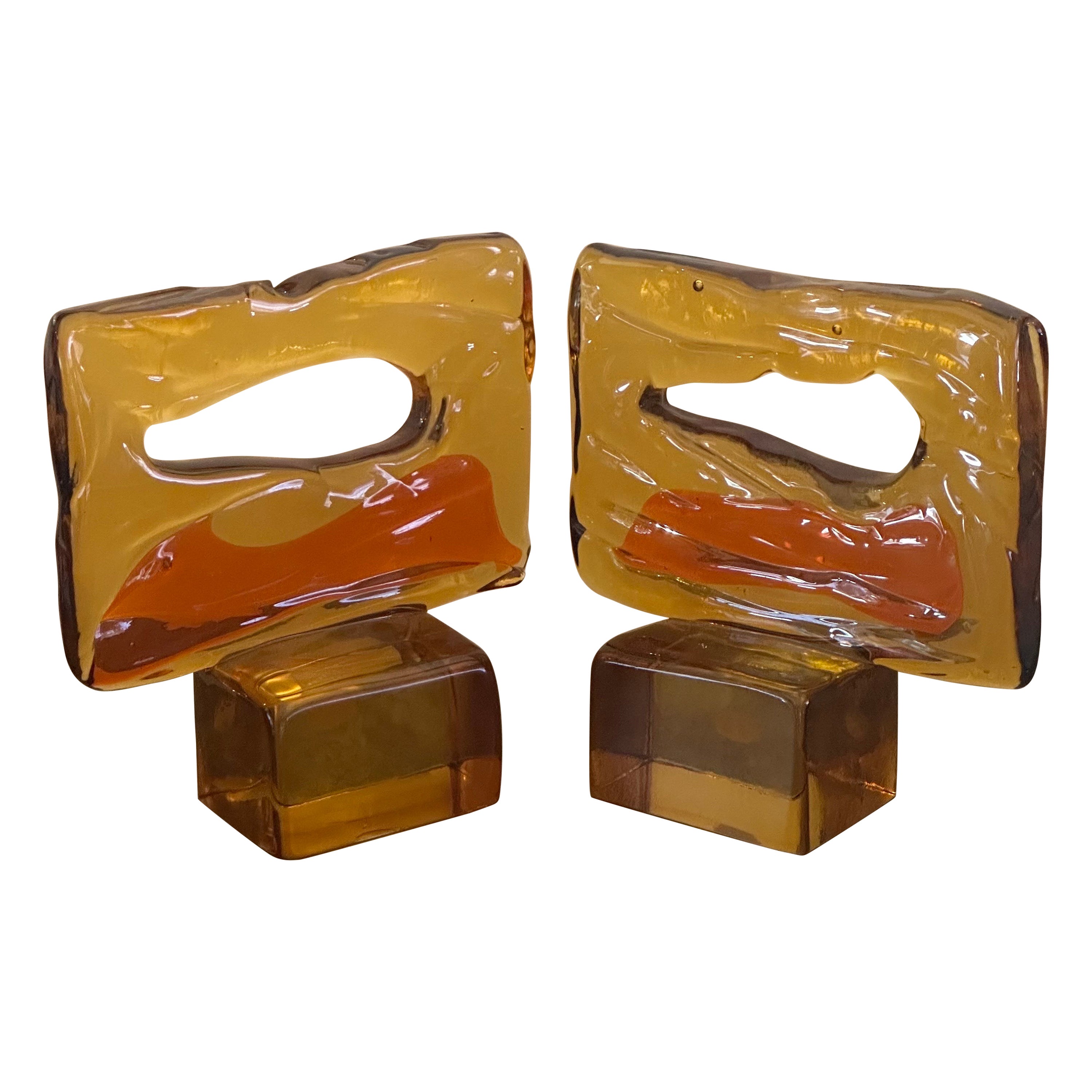 Pair of Large Abstract Sommerso Bookends by Luciano Gaspari for Murano Glass For Sale