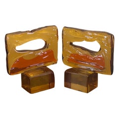 Pair of Large Abstract Sommerso Bookends by Luciano Gaspari for Murano Glass