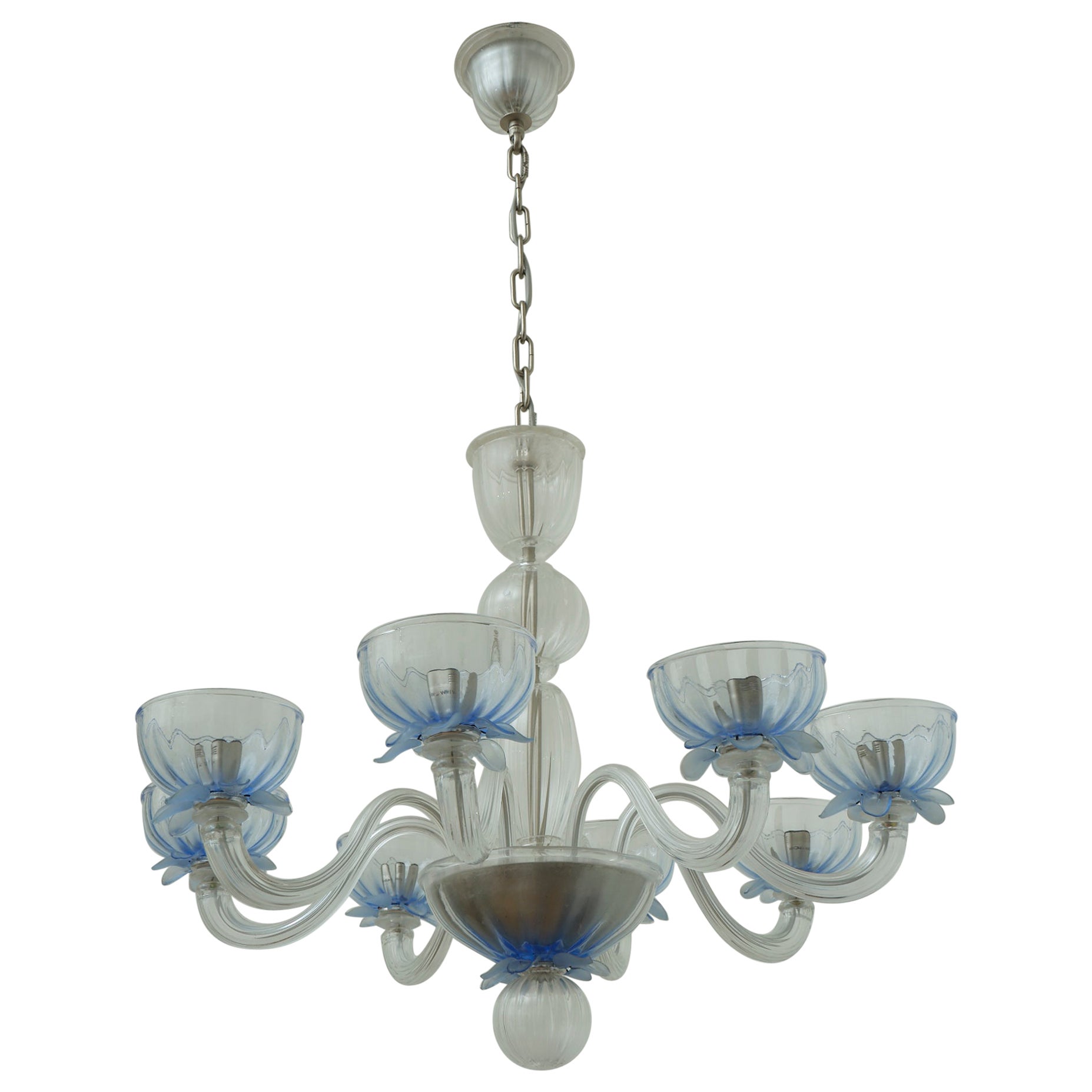 Giant European glass chandelier 8 arms blue details in the style of Murano For Sale