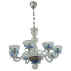 Vintage Giant European glass chandelier 8 arms blue details in the style of Murano