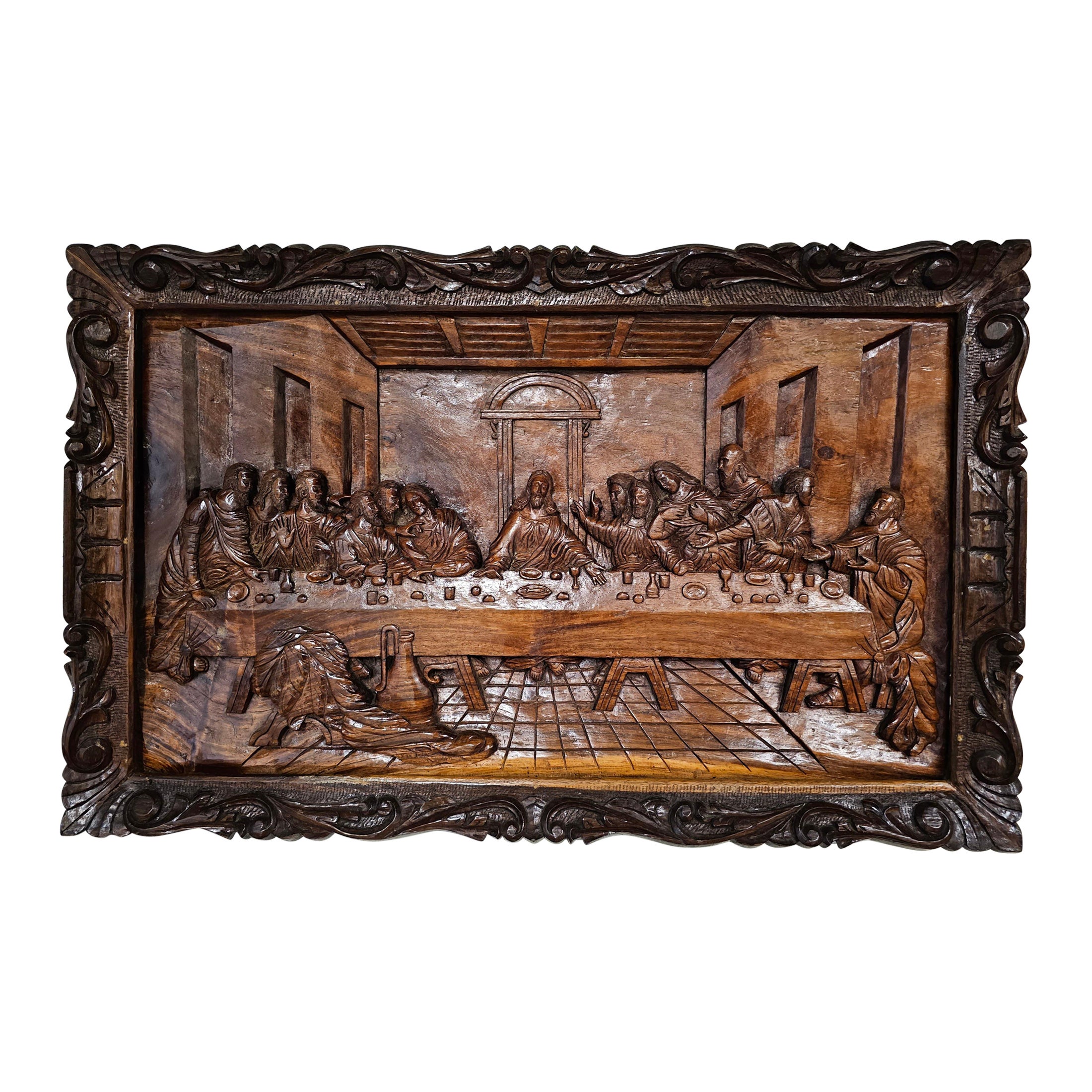 20th C. Exceptional Framed Hand-Carved Wood Relief of the Last Supper, Rare For Sale