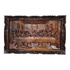Vintage 20th C. Exceptional Framed Hand-Carved Wood Relief of the Last Supper, Rare