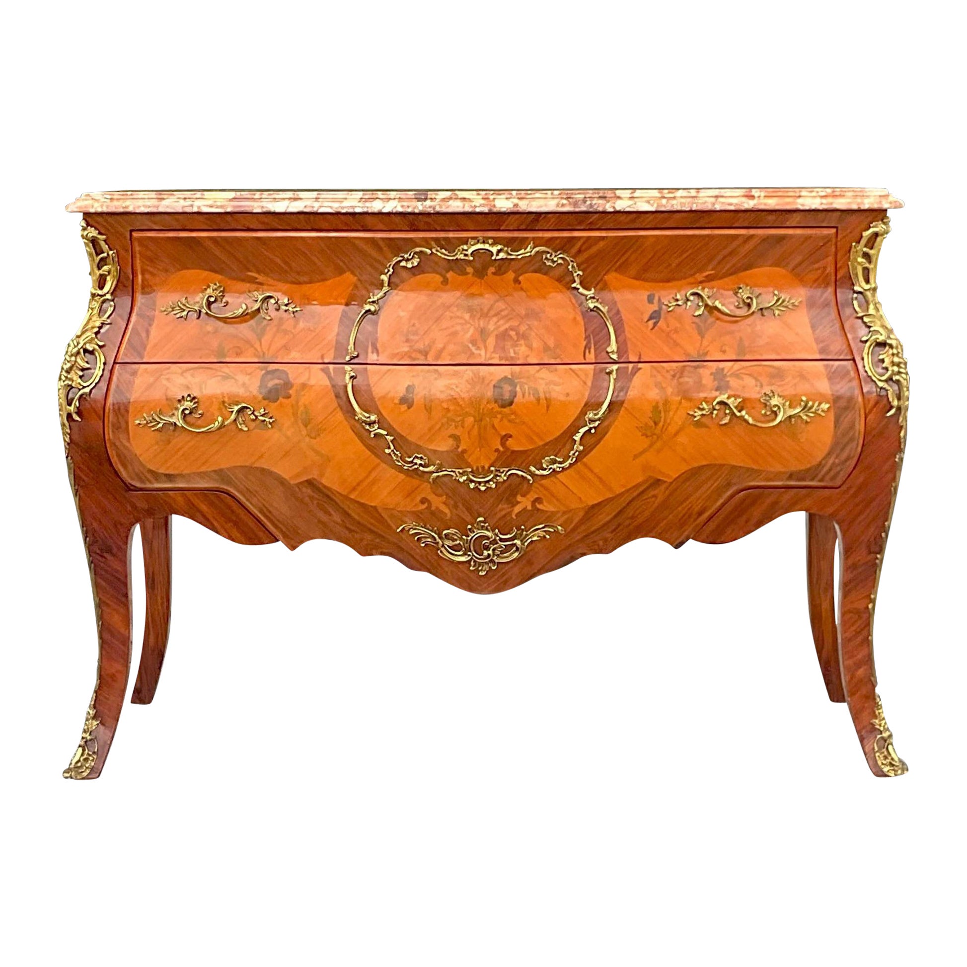Fin du 20ème siècle Vintage Regency Marquetry Bombe Chest With Ormolu Detail