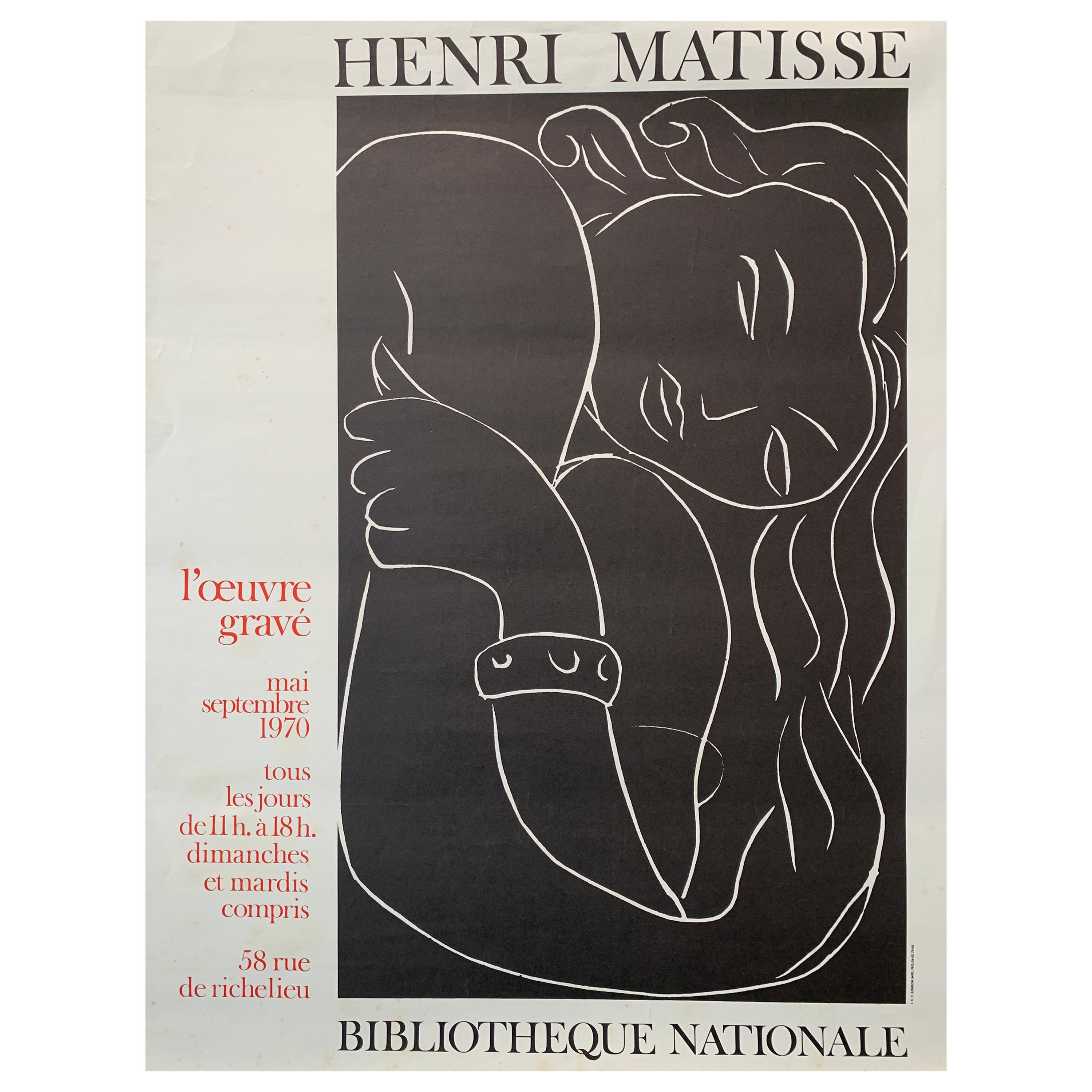 Original Vintage Exhibition Poster, Henri Matisse, 'BIBLIOTHEQUE NATIONALE' 1970 For Sale