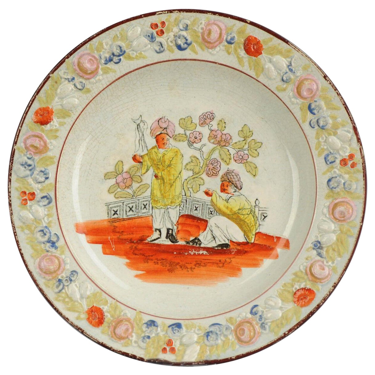 Englischer Porzellan-Perlenware-Teller „Colonial Scene“ Blumenornamente aus Porzellan, 19. Jahrhundert im Angebot