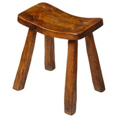 Vintage French Hand-Carved Elm Stool, circa 1960