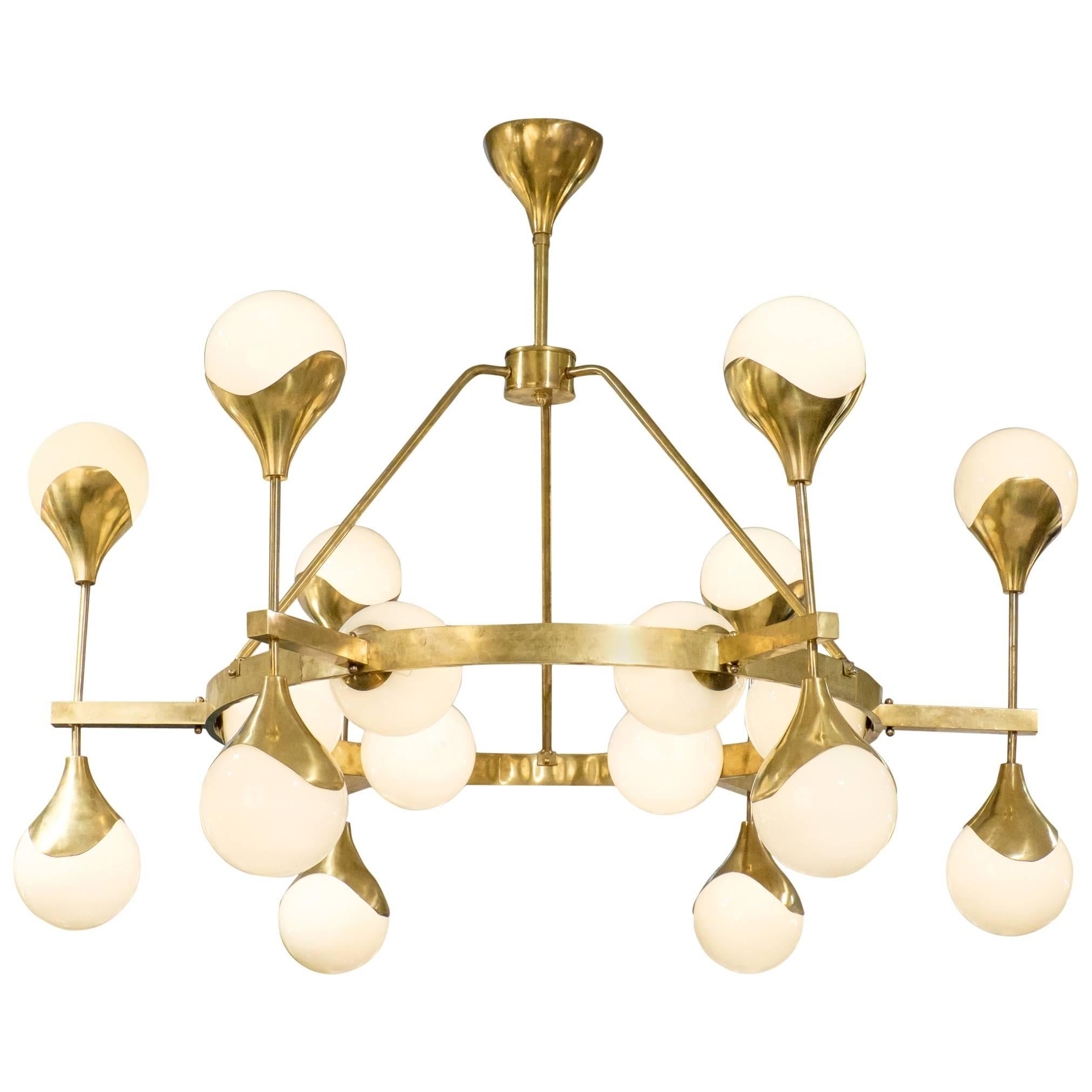 Murano Globe Glass and Textured Brass Chandelier For Sale