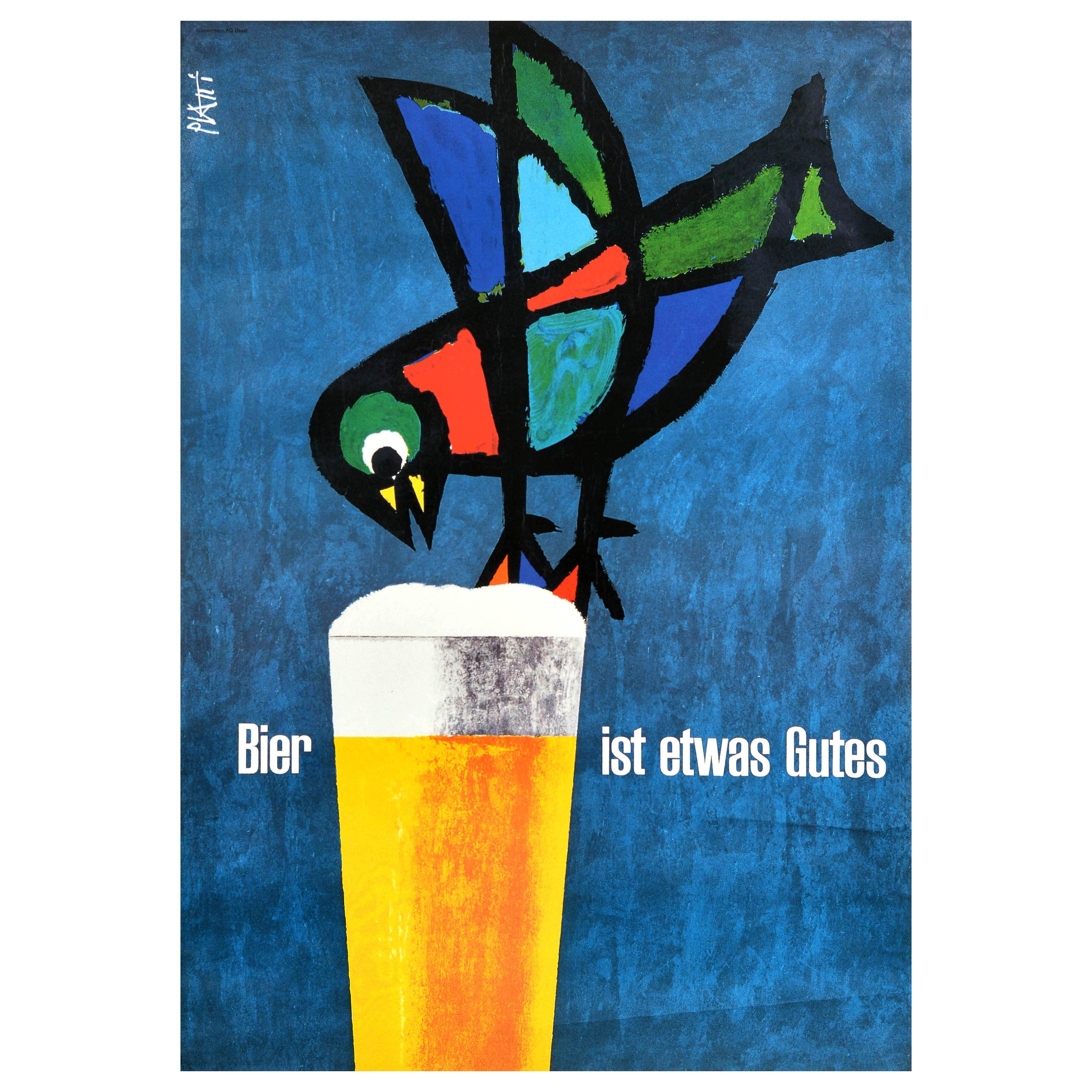 Original Vintage Drink Advertising Poster Beer Is A Good Thing Bird Piatti Bier For Sale