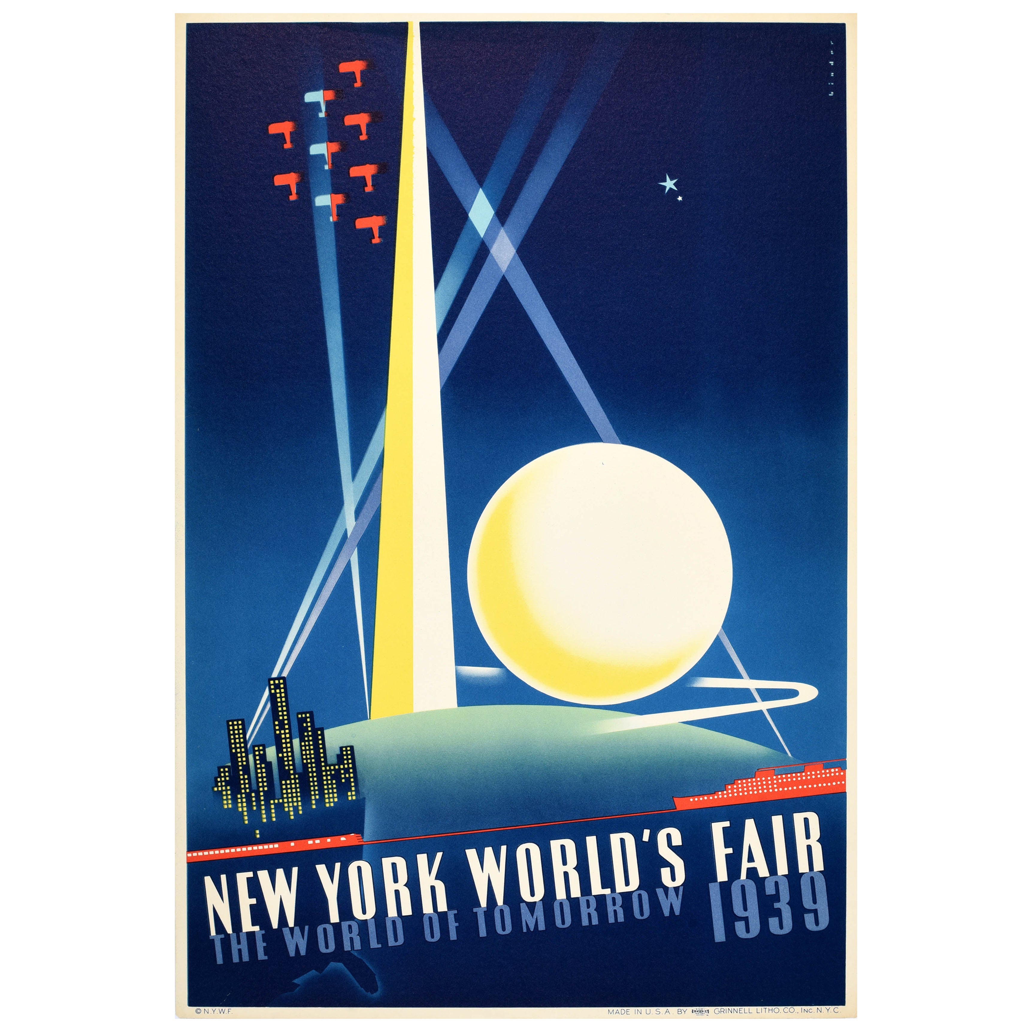 Original Vintage Travel Advertising Poster New York Worlds Fair Binder Art Deco For Sale