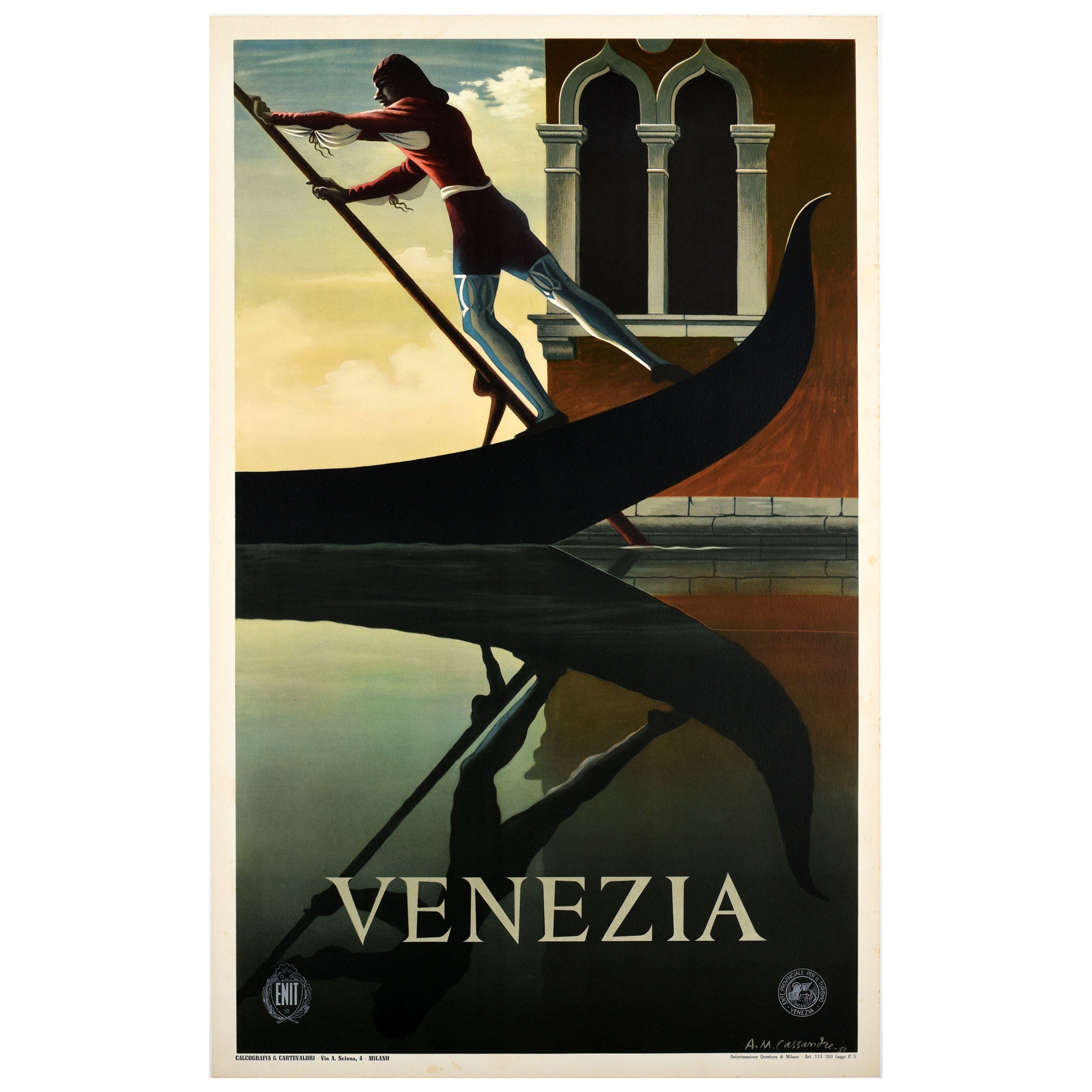 Original-Vintage-Reiseplakat „Iconic ENIT“ von Cassandre Venedig Venezia Gondola im Angebot