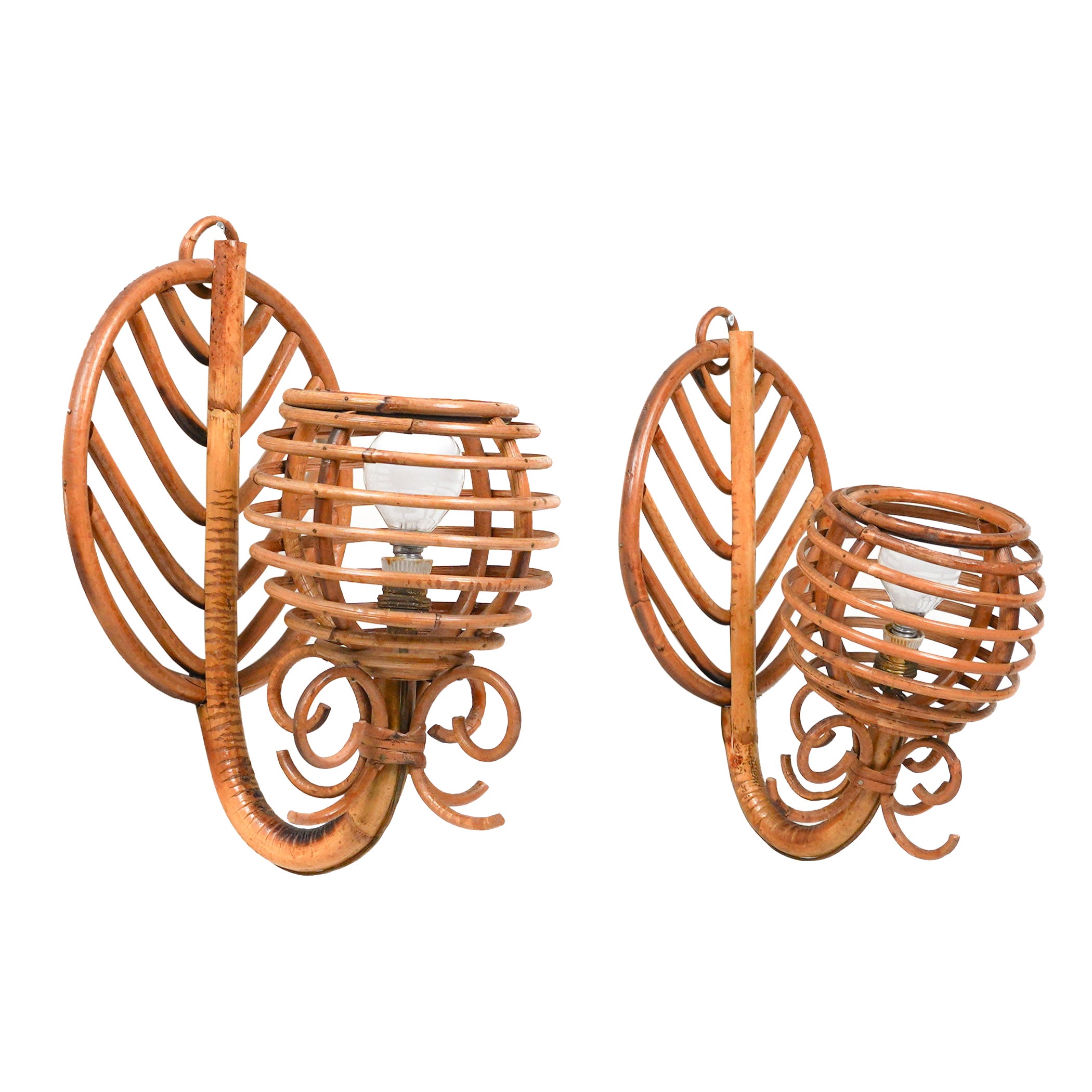 Rattan & Bamboo Pair of Sconces Lantern Attributed to Louis Sognot, France 1960s For Sale