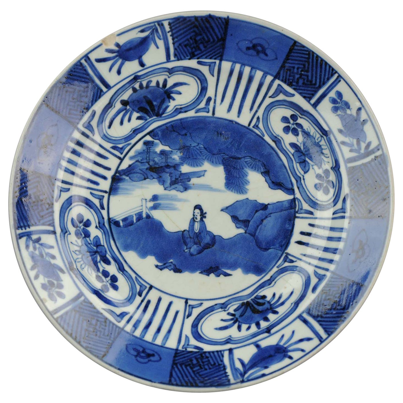 Japanese Porcelain Plate Kraak Arita Landscape Figure Compartment Antique For Sale