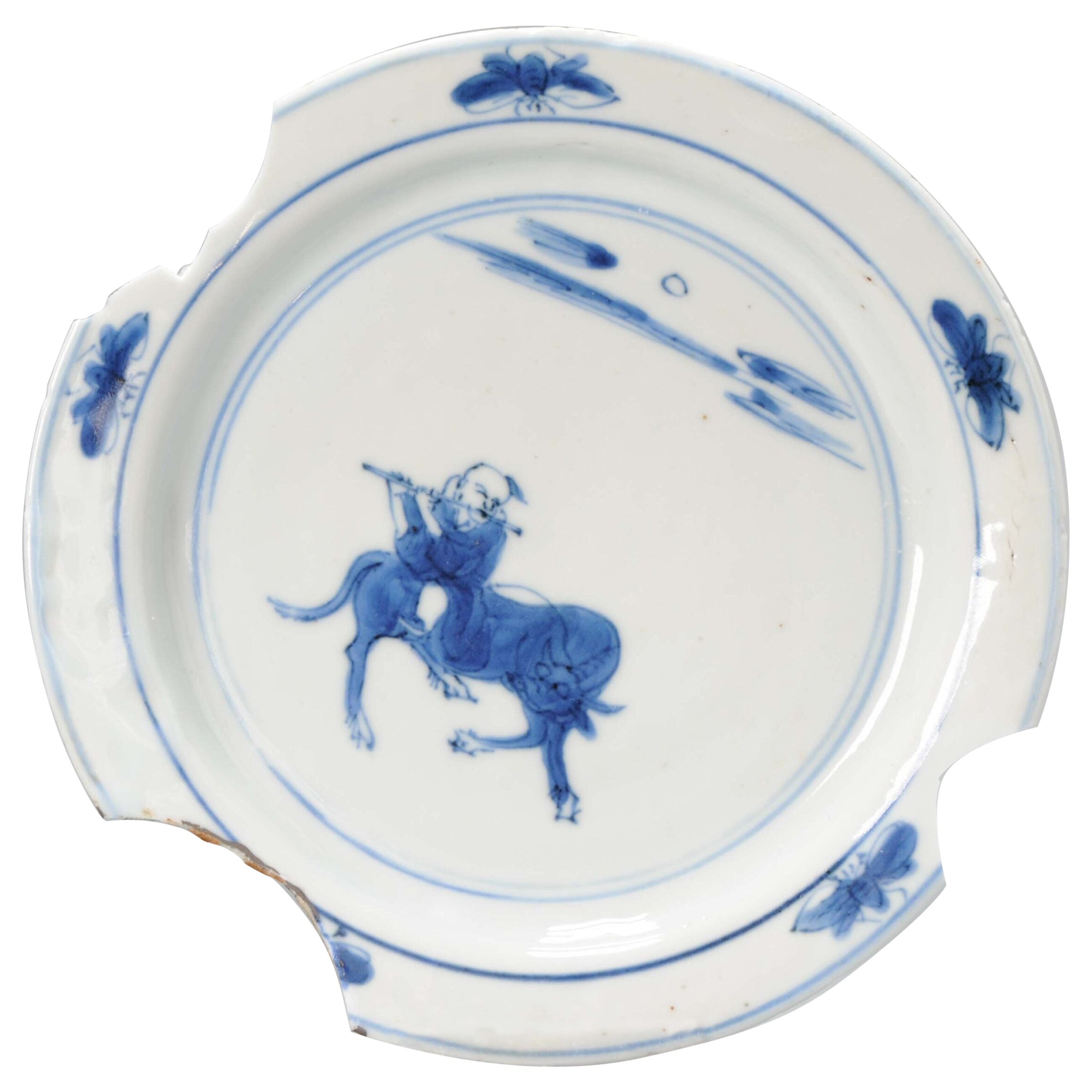 Antique Ming Period Kosometsuke Chinese Porcelain Dish Boy on Ox, 17th Century For Sale