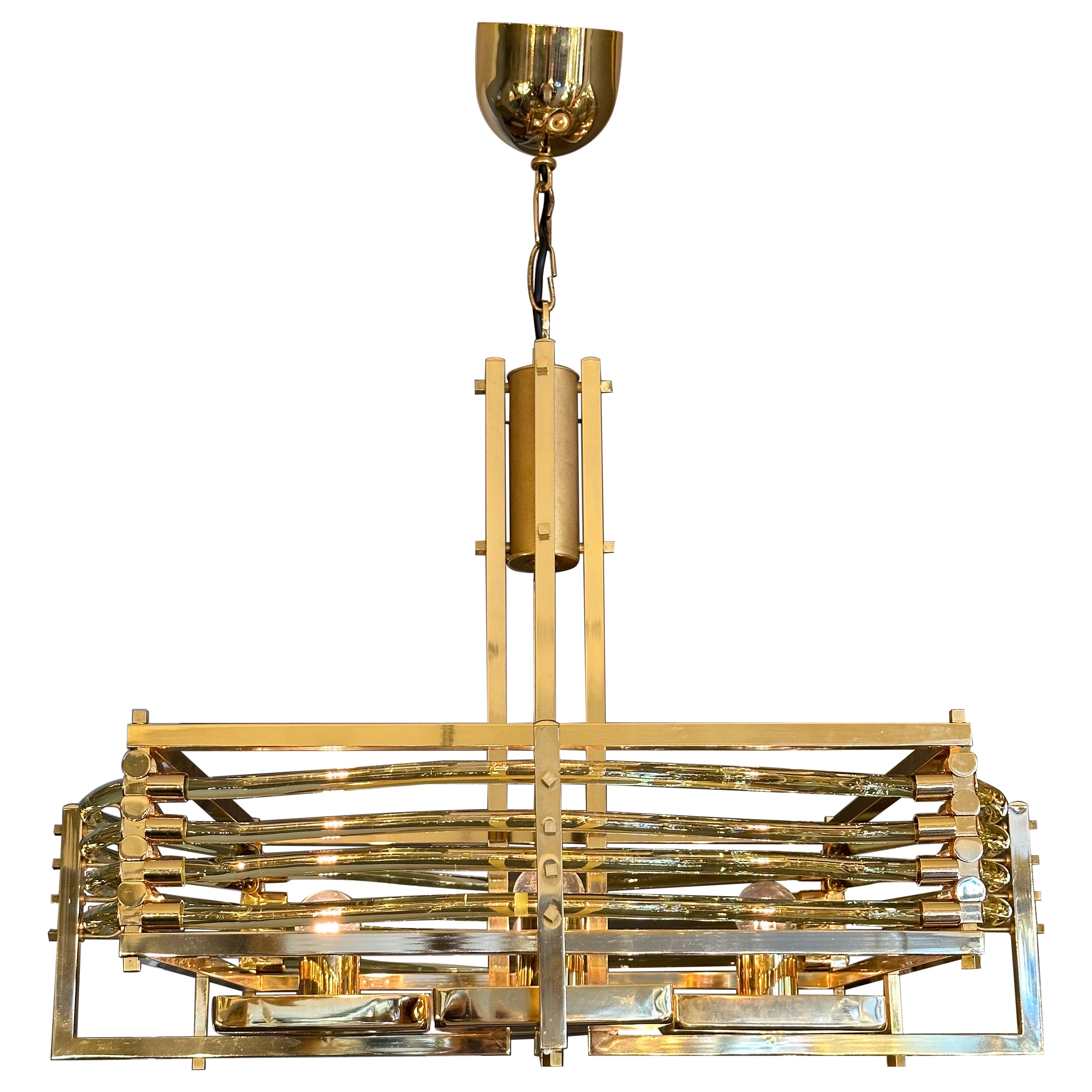 A Large Gold Plated Murano Glass Tubed Chandelier By Gaetano Sciolari For Sale