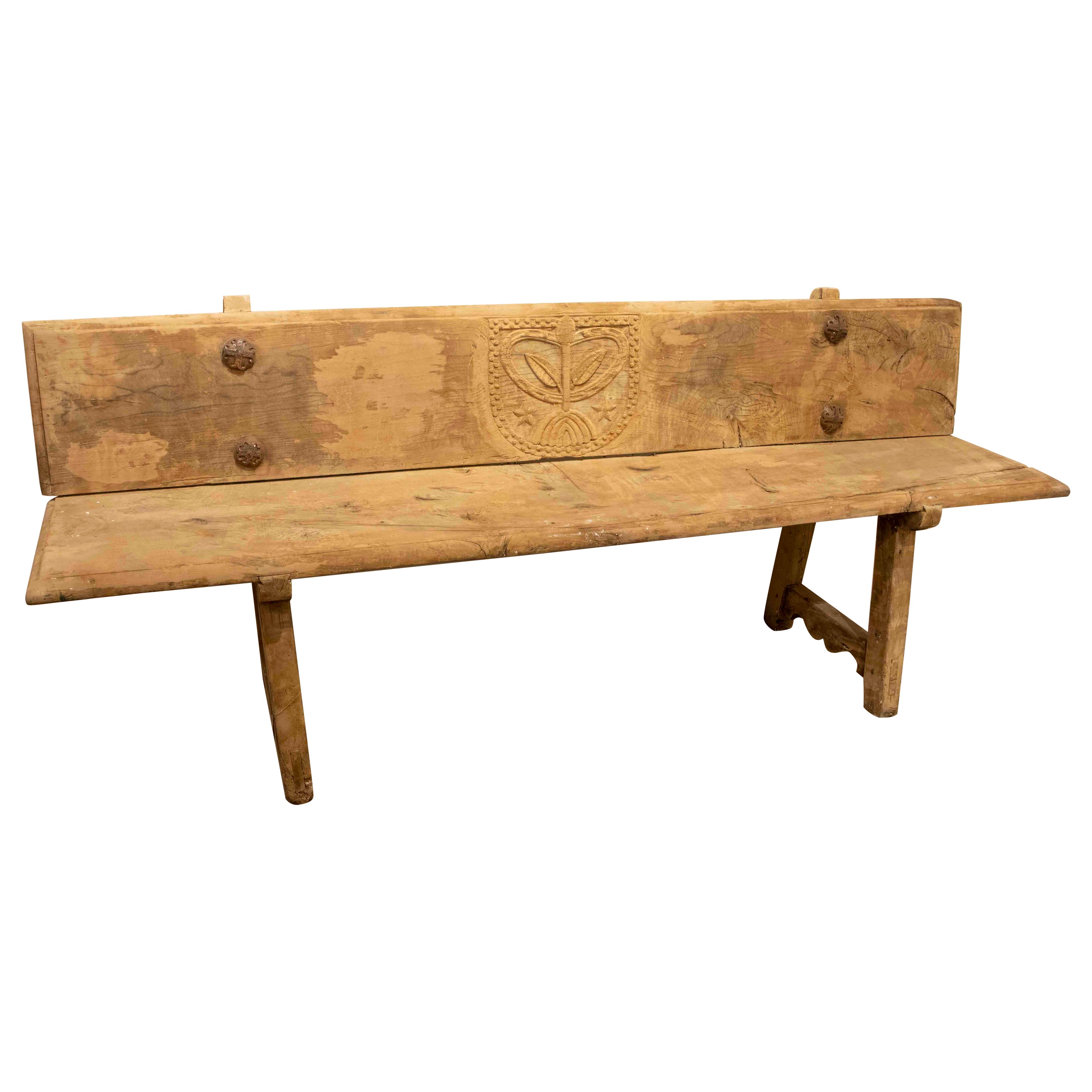 18th century Spanish Pine Wood Bench from a Church with Iron Nails For Sale