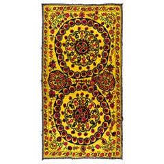 5x8.9 Ft Uzbek Silk Embroidery Suzani Bed Cover, Yellow Vintage Wall Hanging