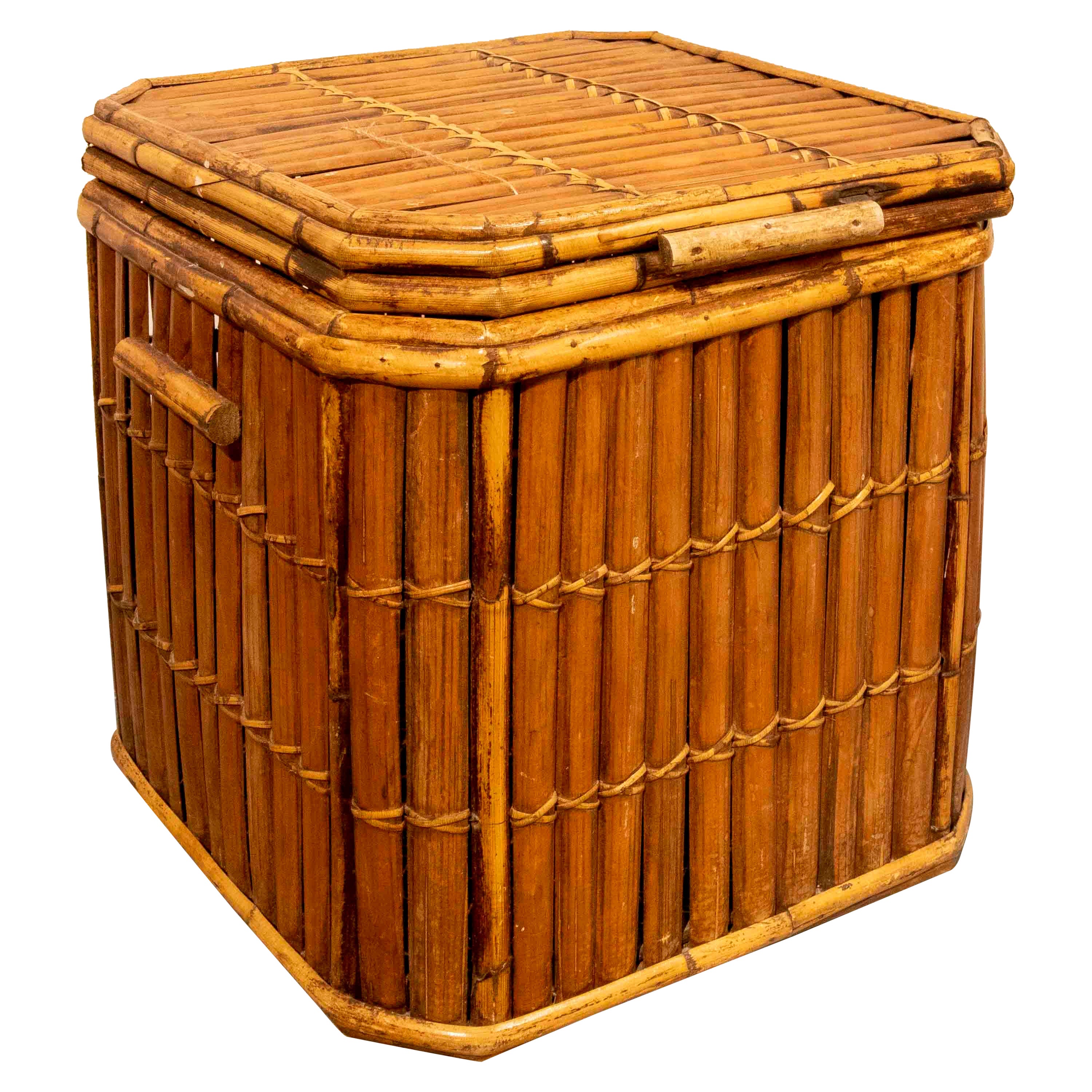 1970s Square Basket with Decorative Bamboo Lid 