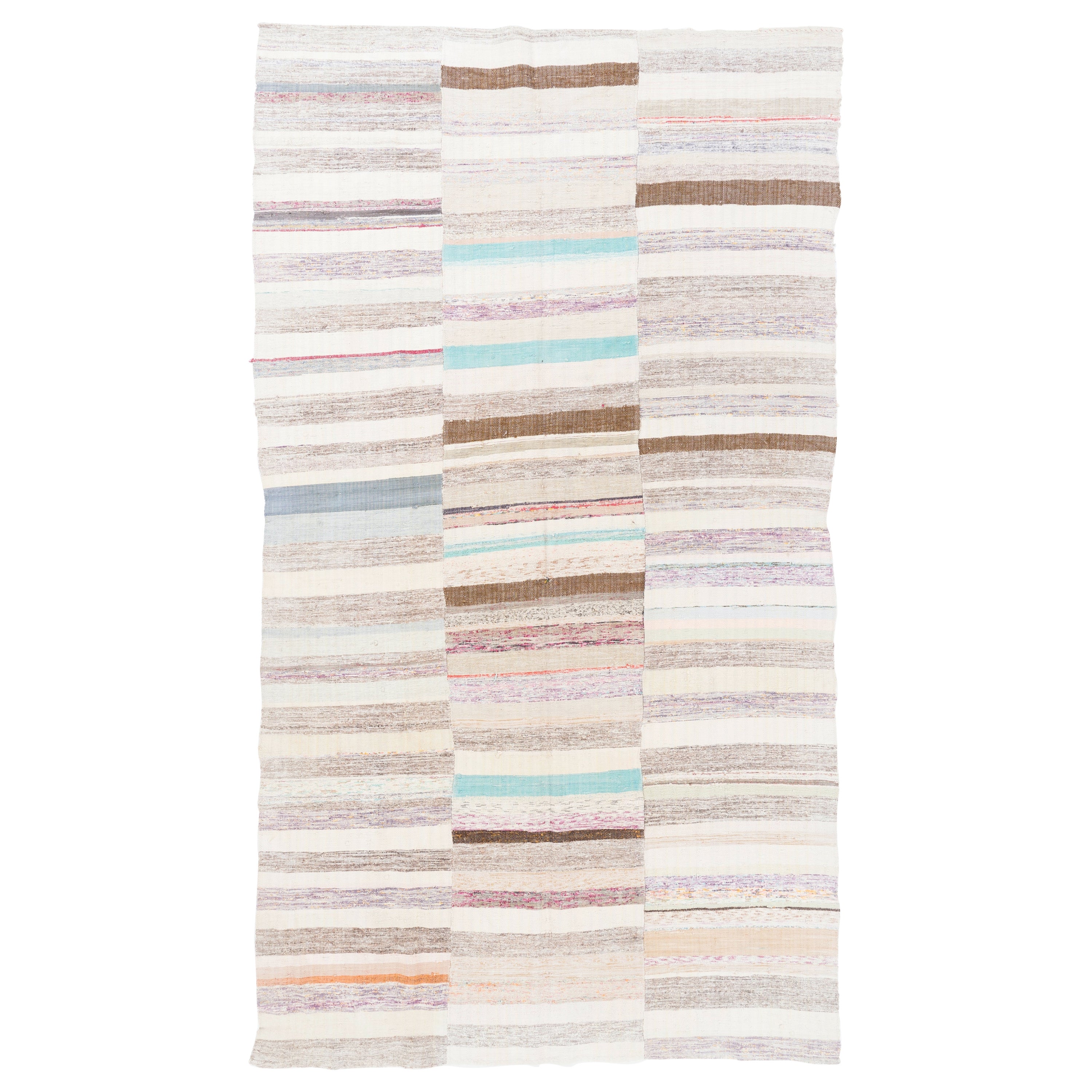 6,4x11.4 Fuß Handgefertigter Vintage- Rag-Teppich aus gebänderter Baumwolle, Flachgewebe-Kelim aus der Türkei im Angebot