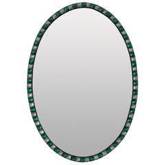 Retro Georgian Style Irish Mirror With Emerald Glass & Rock Crystal Faceted Border