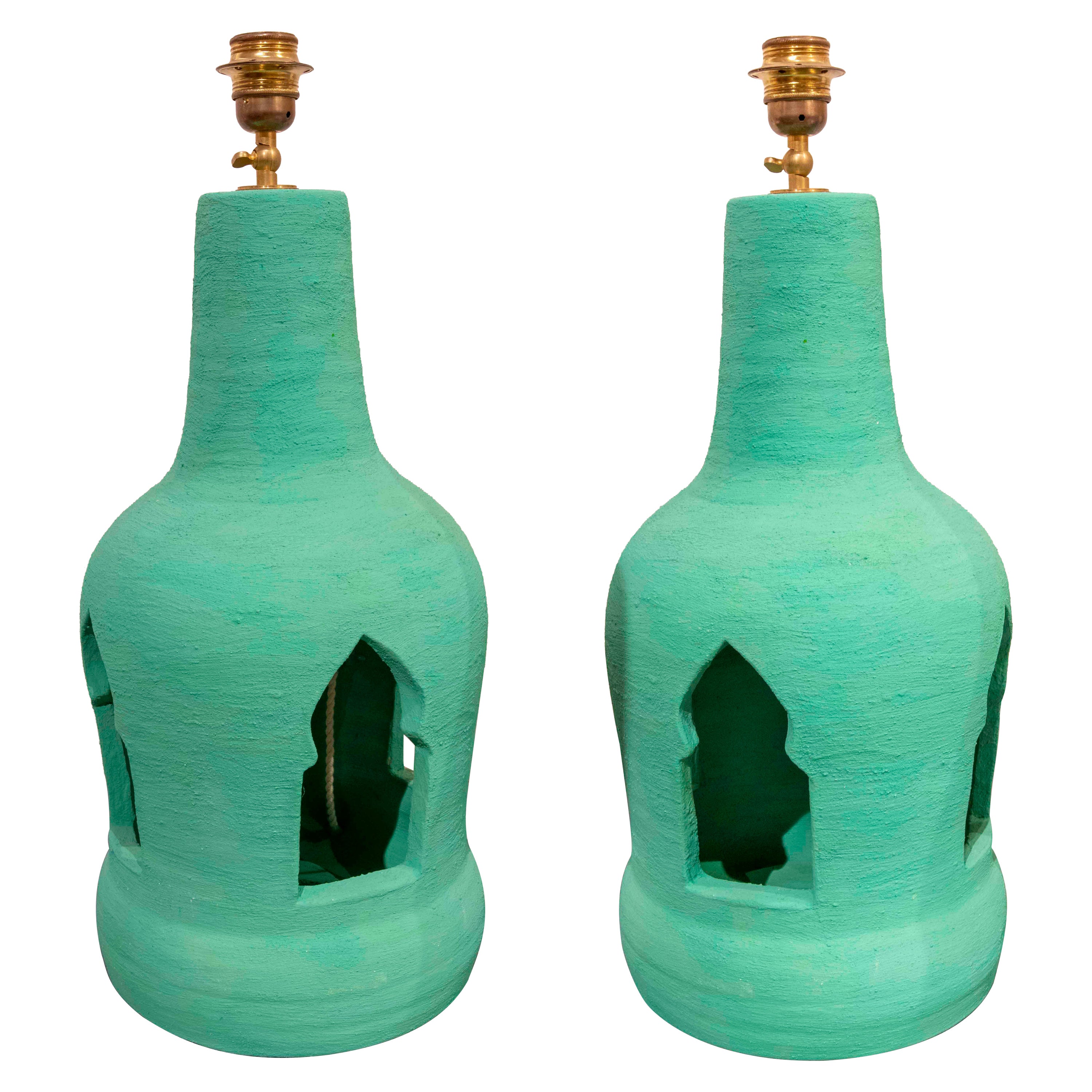 Pair of Ceramic Lamps Painted in Green Colour For Sale