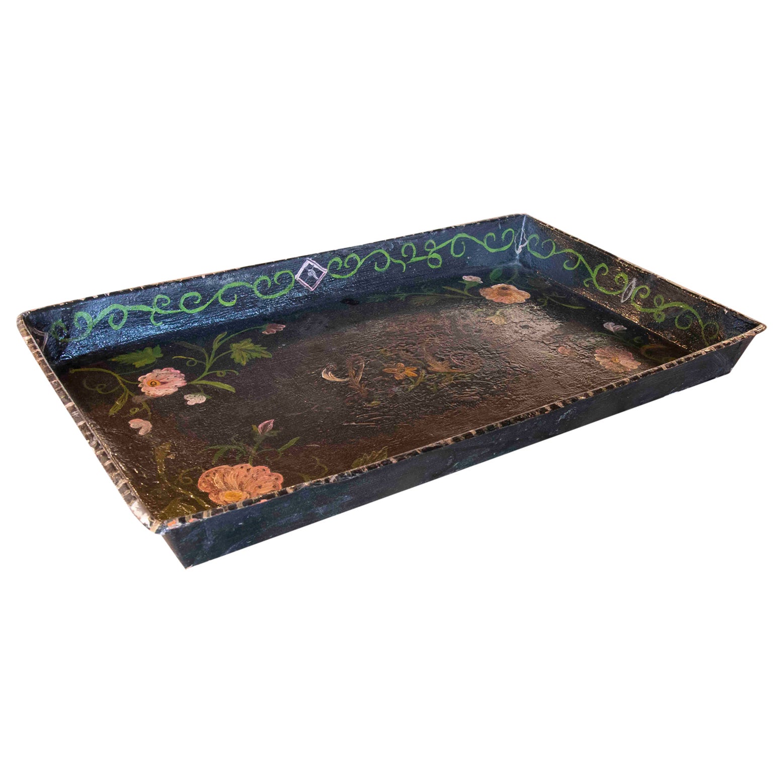 Hand-Painted Metal Tray in Black with Flower Decoration For Sale