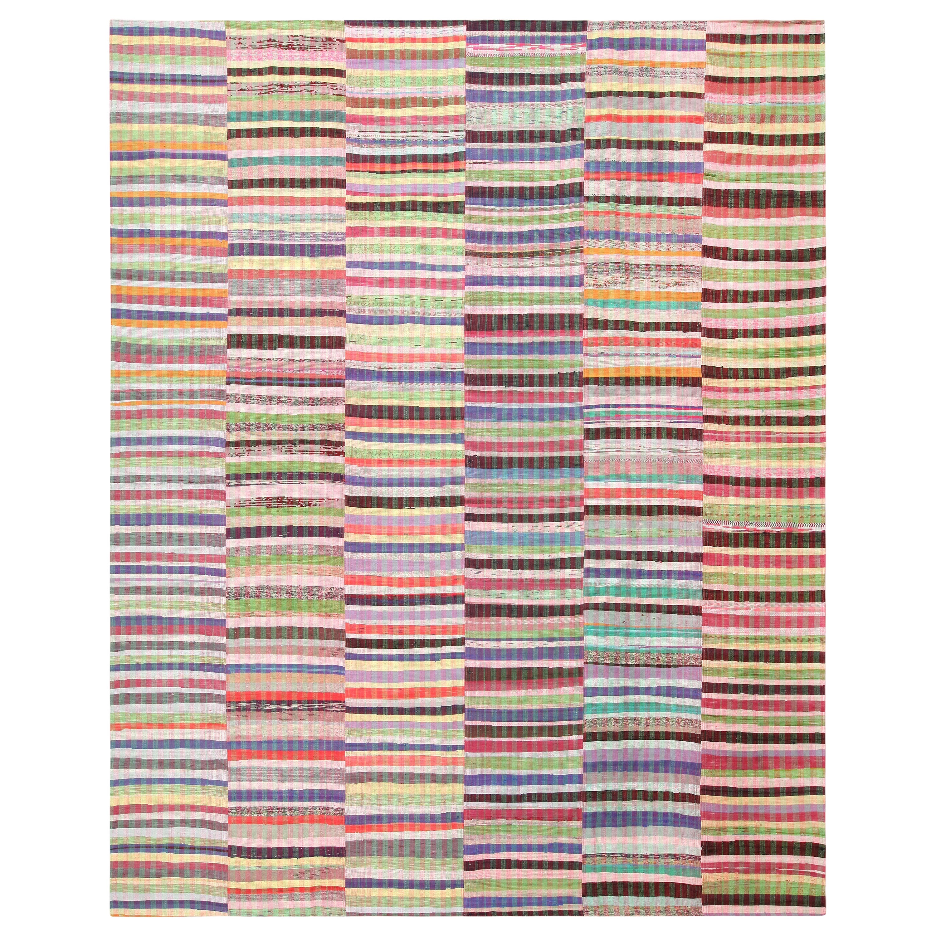 Nazmiyal Collection Rainbow Colors Striped Modern Rag Rug. 12 ft x 15 ft For Sale
