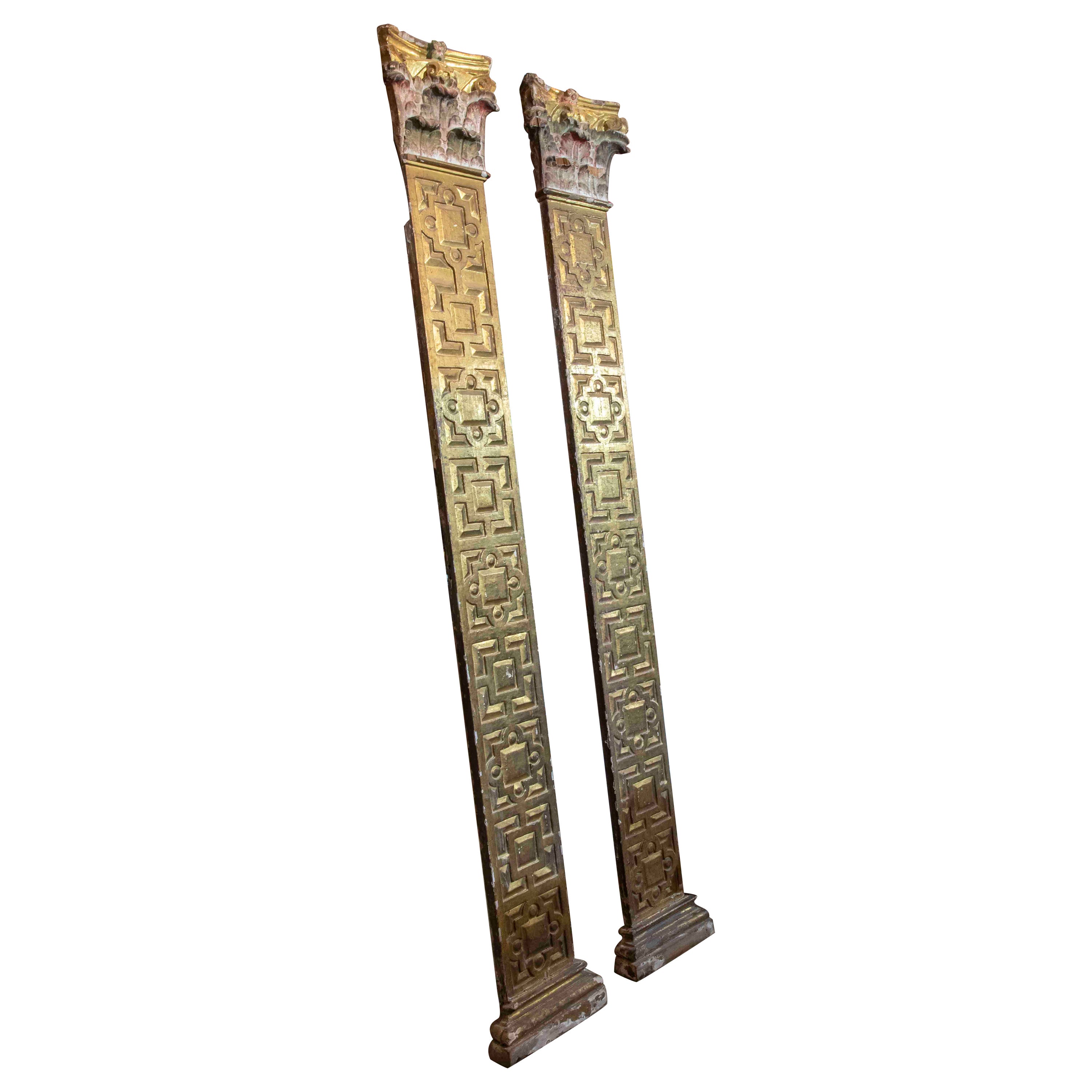 16th Century Spanish Corinthian Pair of Pilasters Polychromed and Gilded w/ Gold For Sale