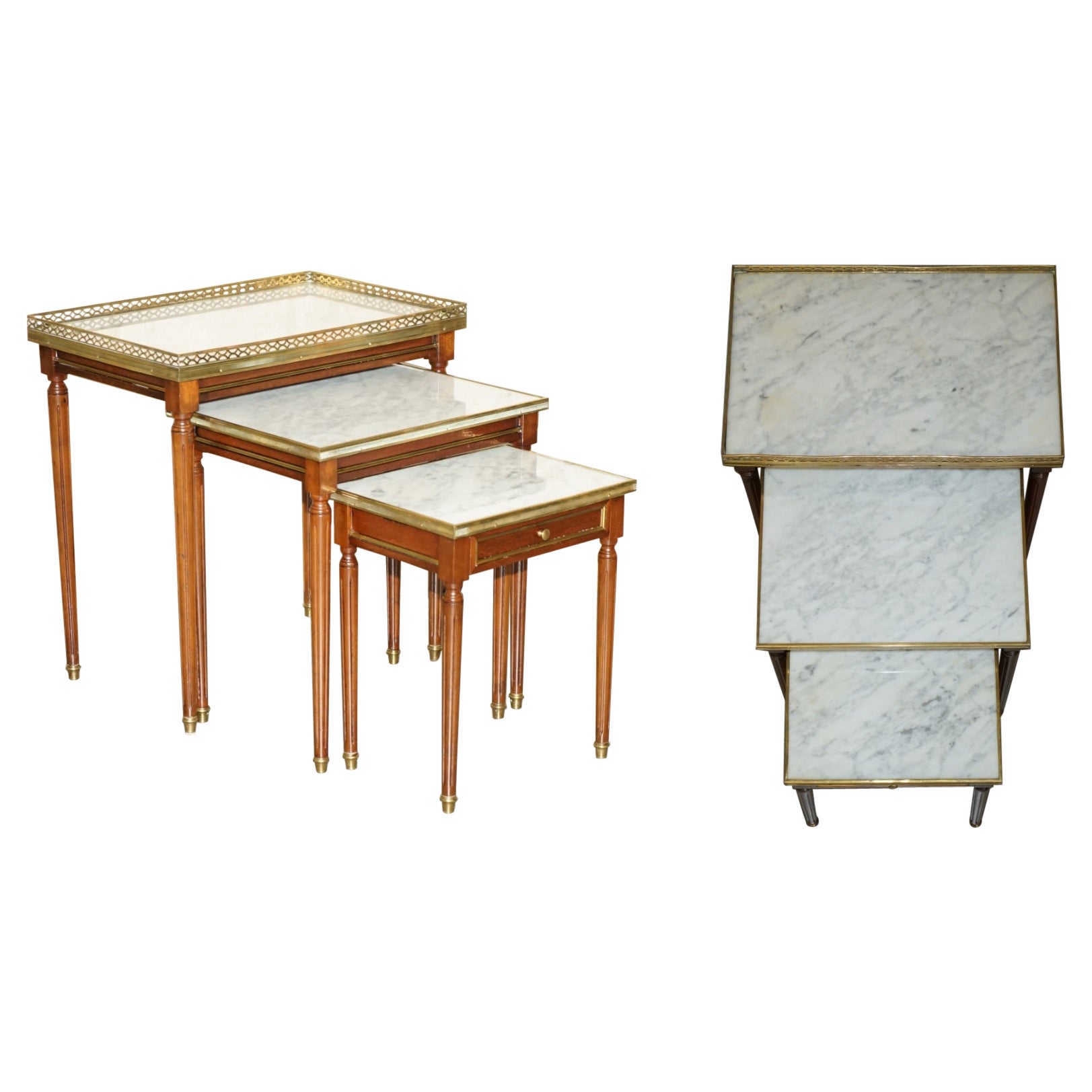 ViNTAGE NEST OF FRENCH EMPIRE HARDWORD ITALIAN CARRARA MARBLE & BRASS TABLES For Sale